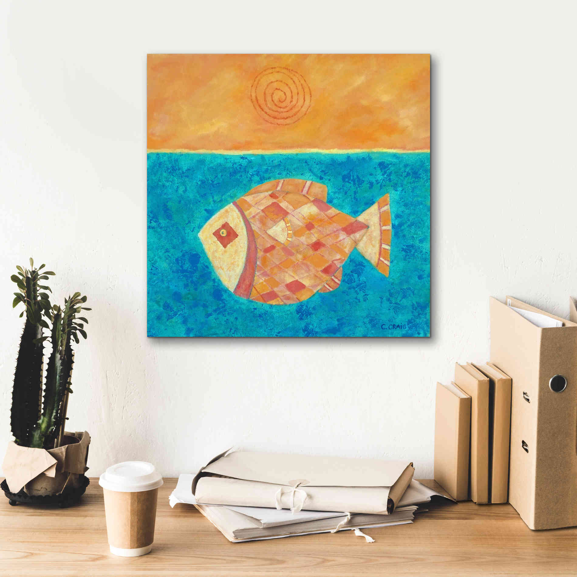 'Fish with Spiral Sun by Casey Craig Giclee Canvas Wall Art,18 x 18