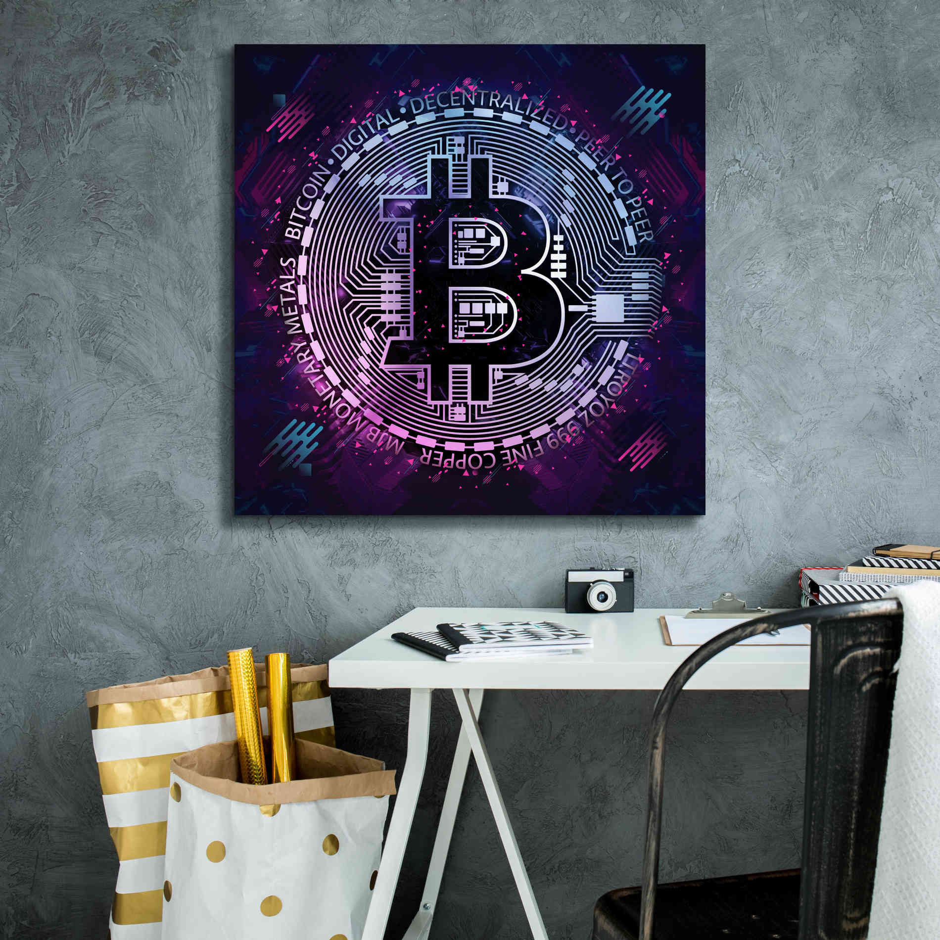 'Bitcoin 80s' by Cameron Gray Giclee Canvas Wall Art,26 x 26