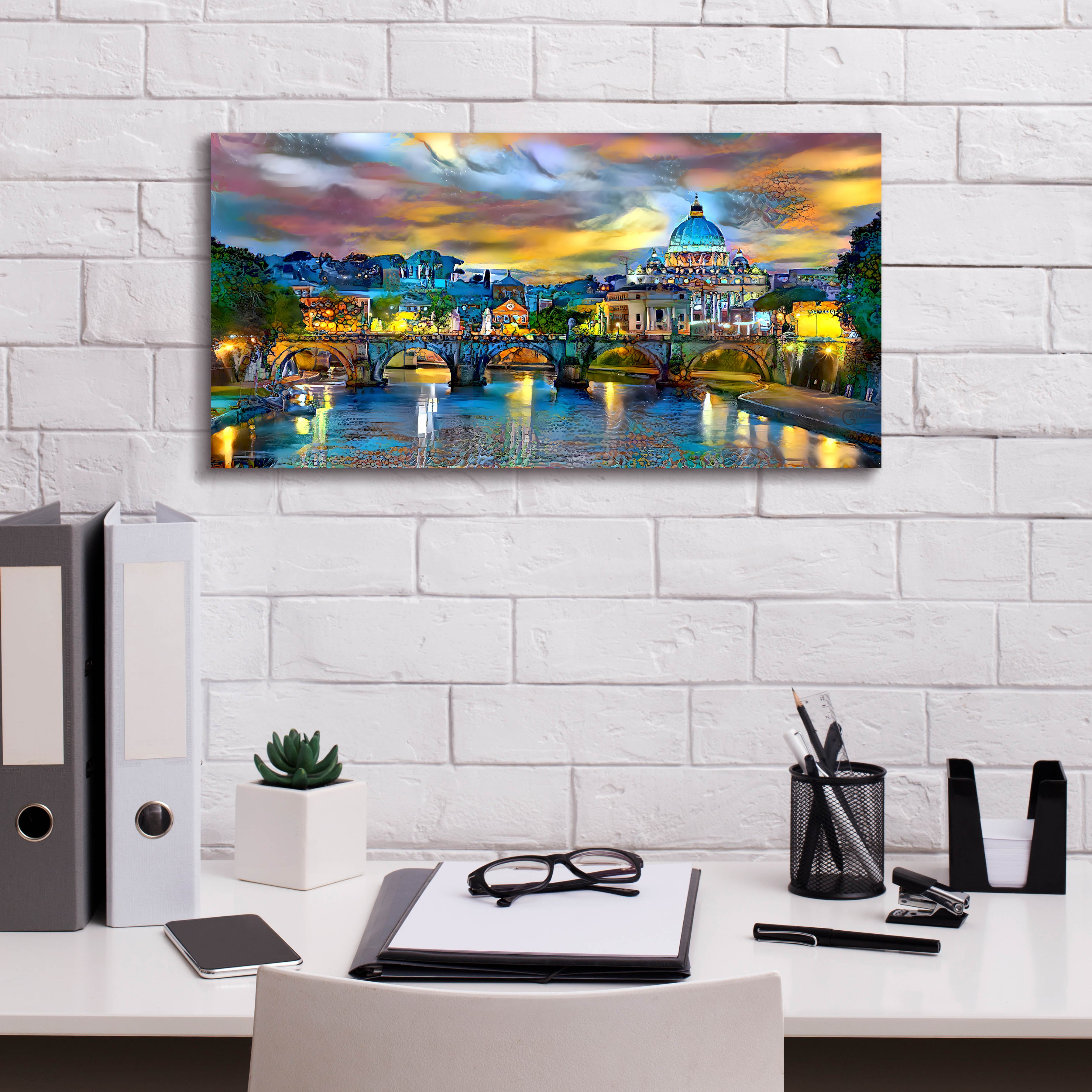 'Vatican City Saint Peter Basilica and bridge by night' by Pedro Gavidia, Canvas Wall Art,24 x 12