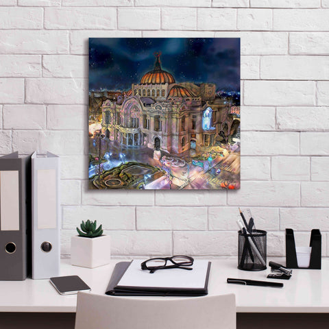 Image of 'Mexico City Palace of Fine Arts at night' by Pedro Gavidia, Canvas Wall Art,18 x 18