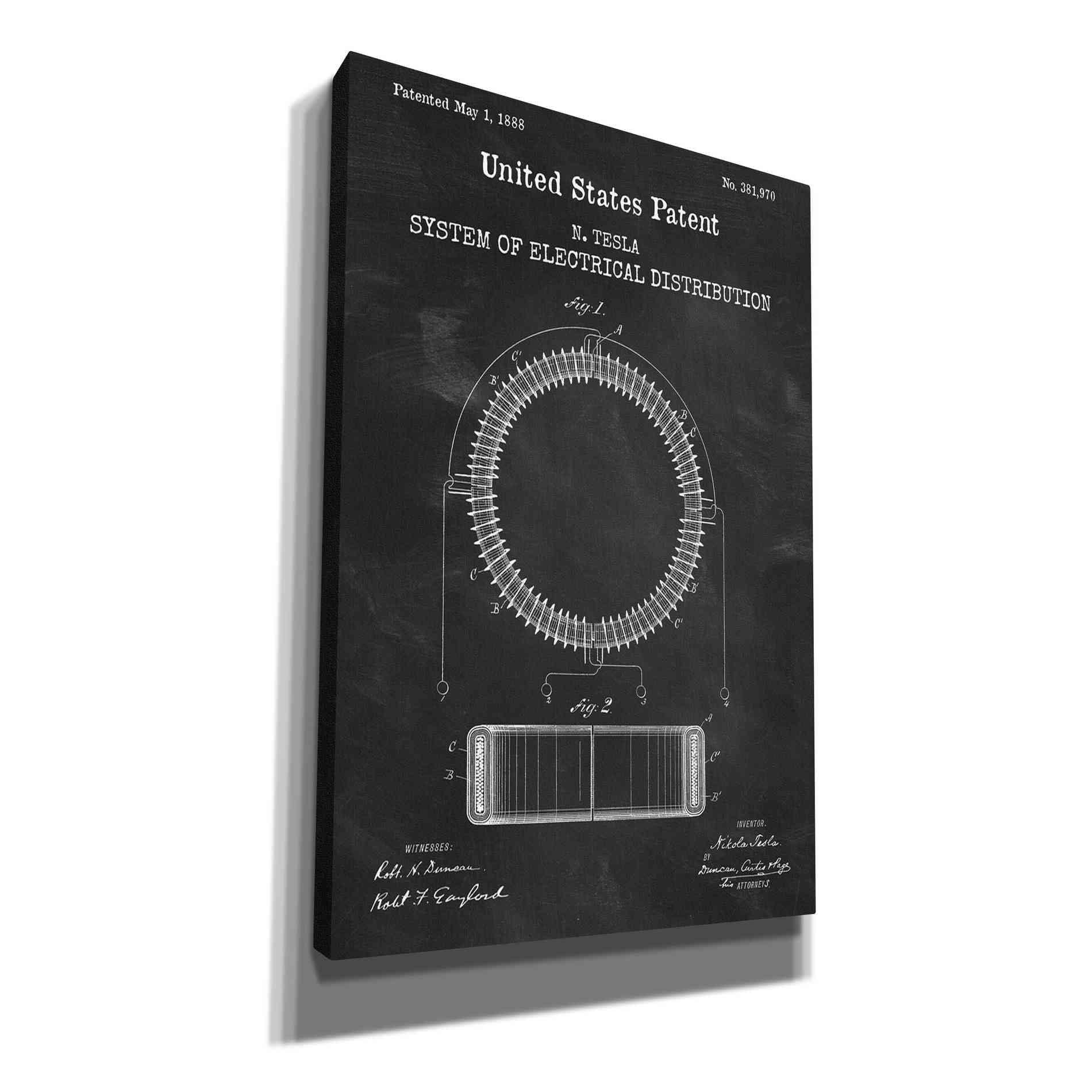 'Tesla's System of Electrical Distribution Blueprint Patent Chalkboard,' Canvas Wall Art