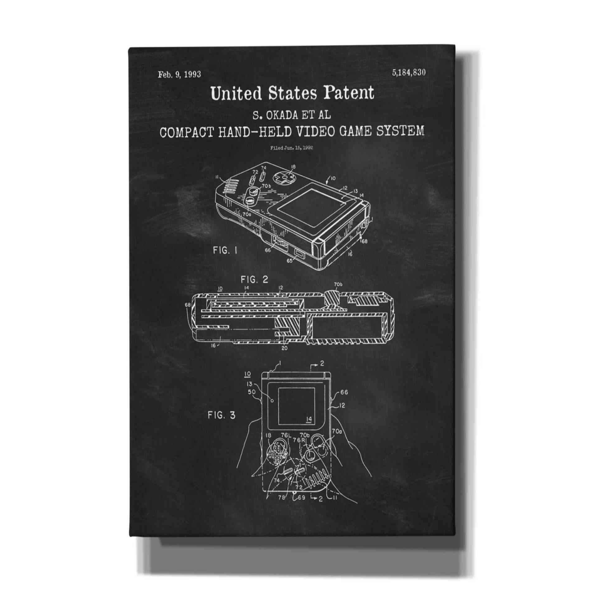 'Hand-held Game System Blueprint Patent Chalkboard,' Canvas Wall Art