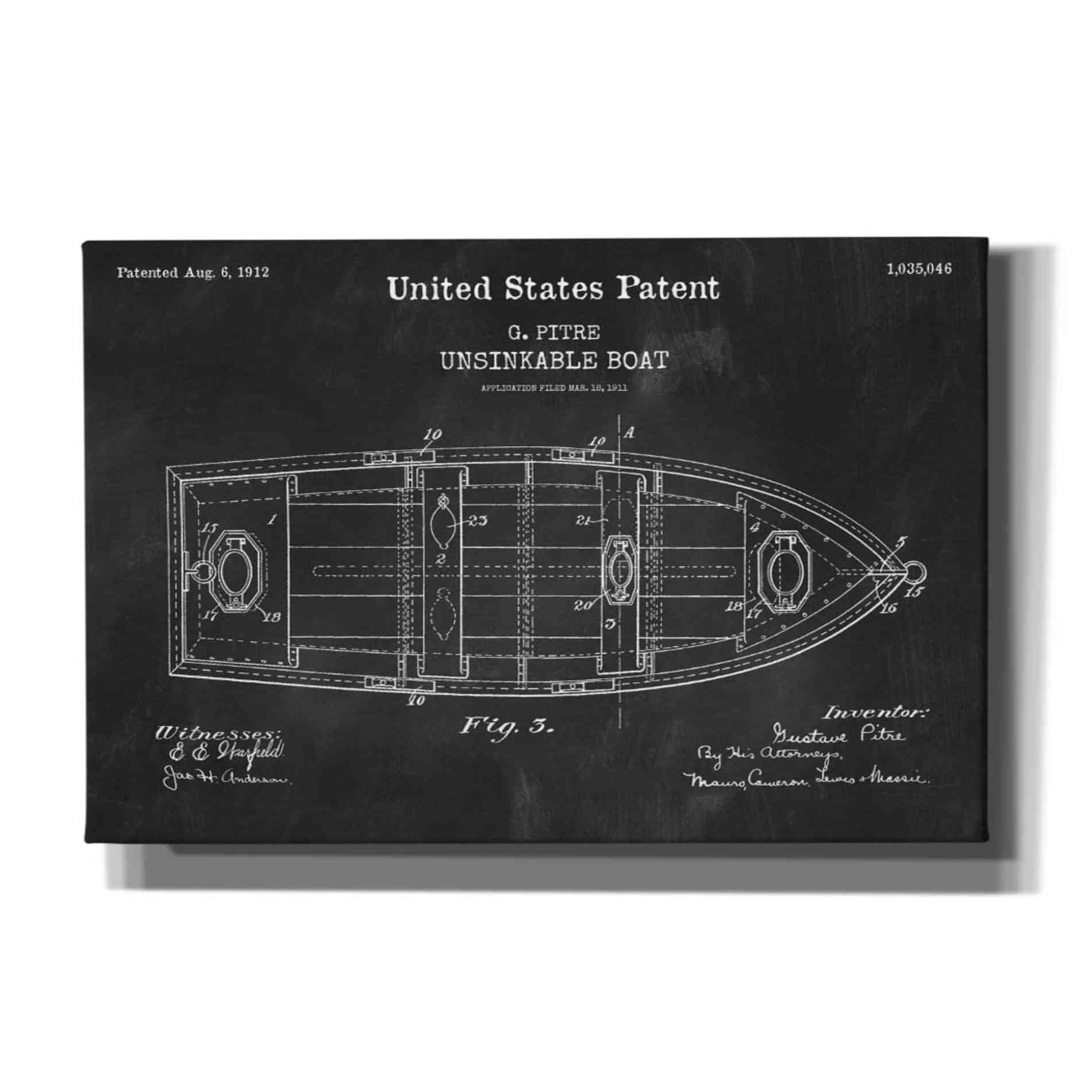 'Unsinkable Boat Blueprint Patent Chalkboard,' Canvas Wall Art