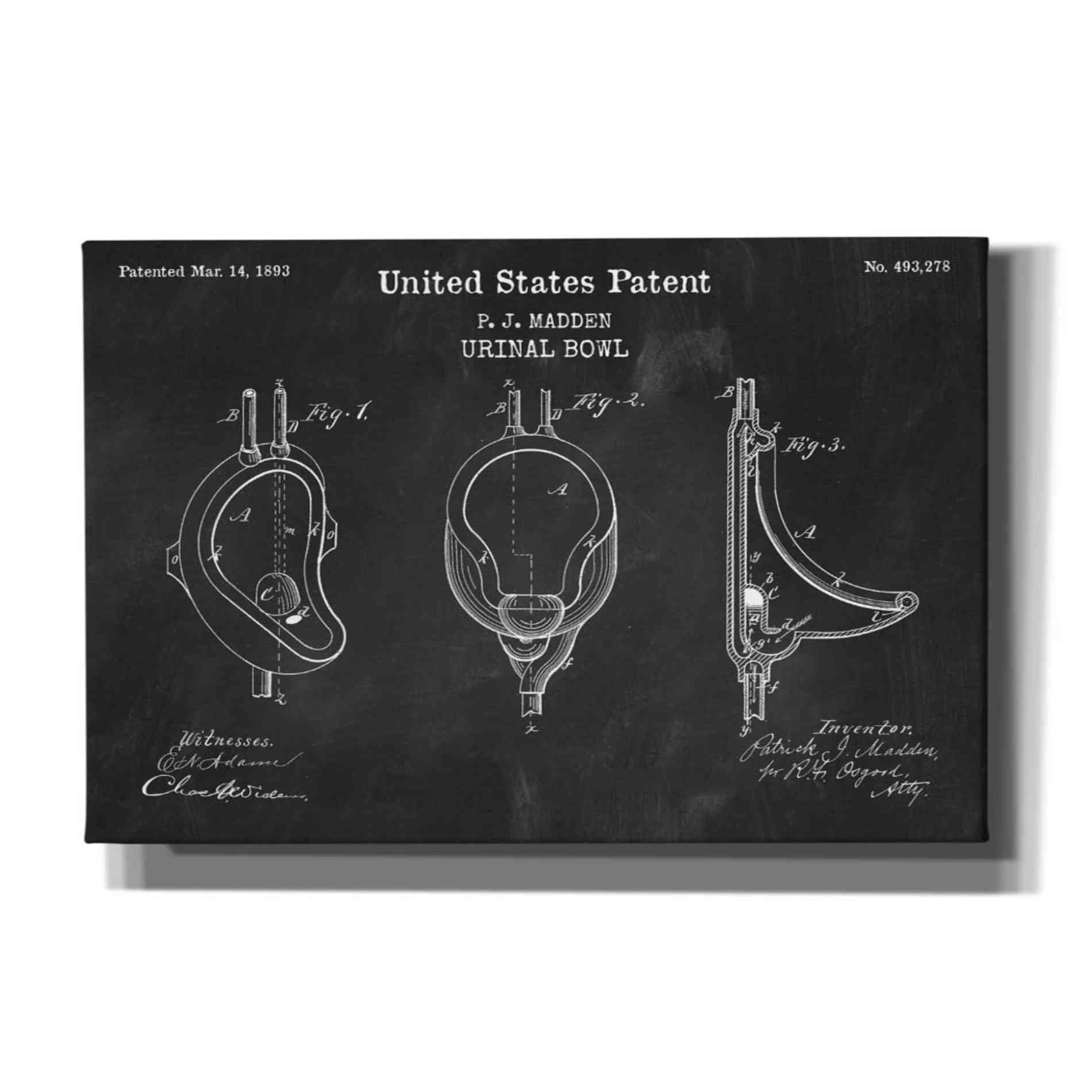 'Urinal Blueprint Patent Chalkboard,' Canvas Wall Art