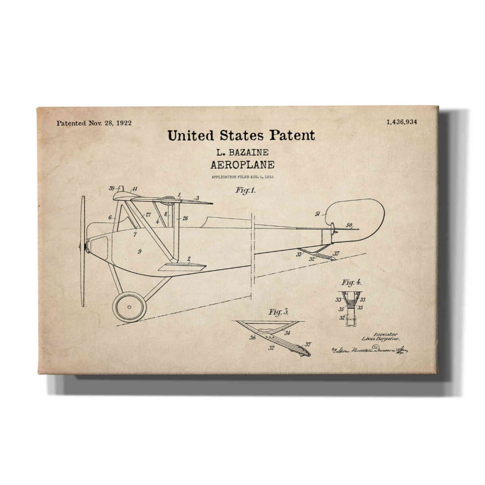 'Aeroplane Blueprint Patent Parchment,' Canvas Wall Art