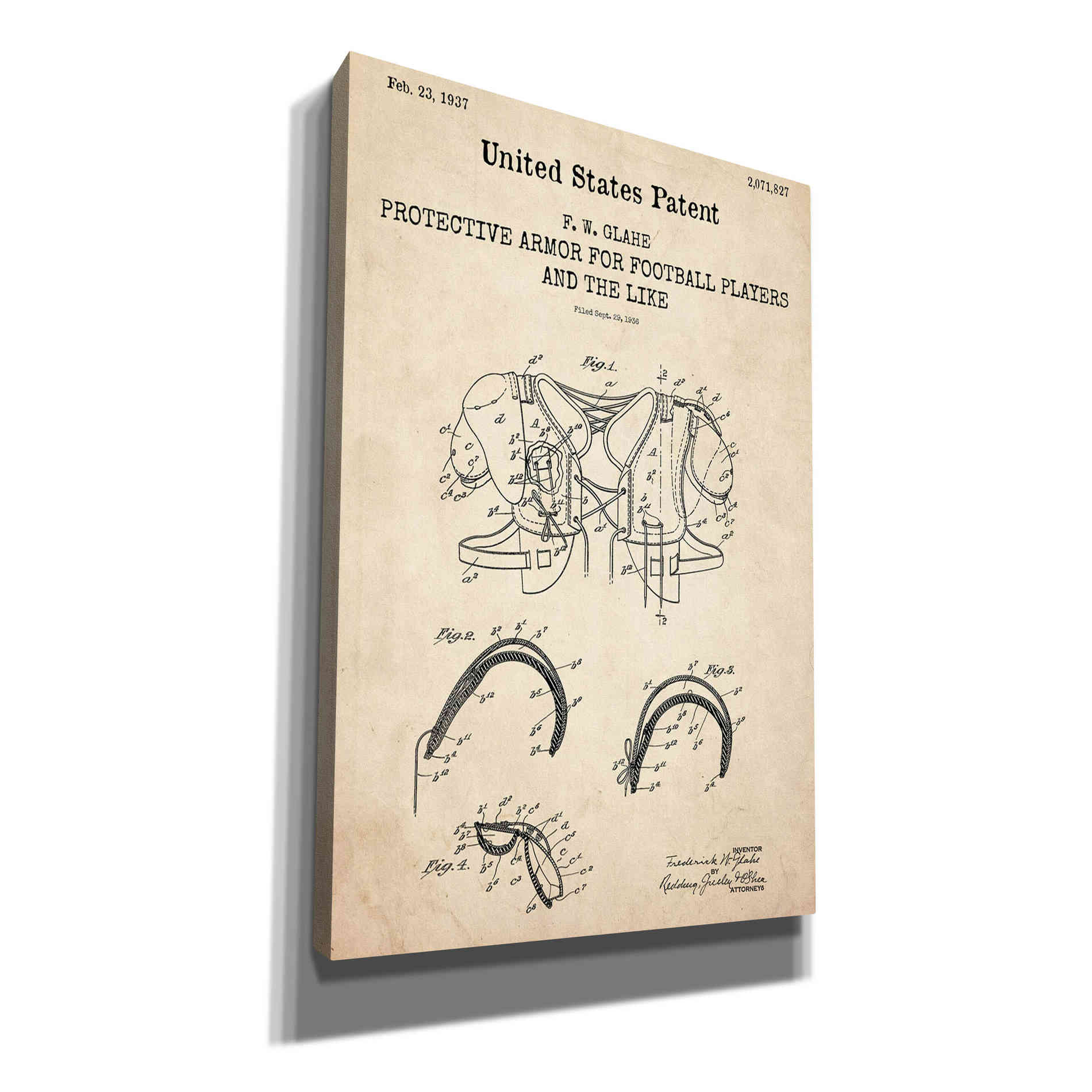 'Protective Armor for Football Blueprint Patent Parchment,' Canvas Wall Art