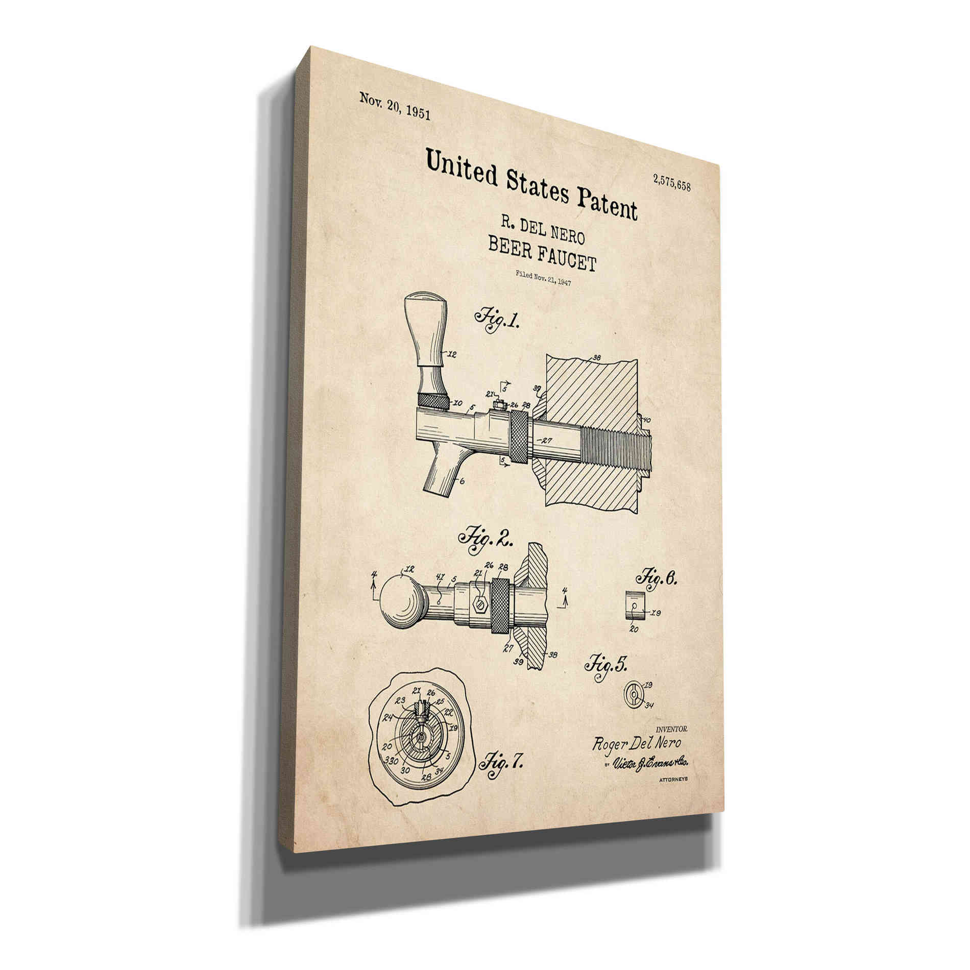 'Beer Faucet Blueprint Patent Parchment,' Canvas Wall Art