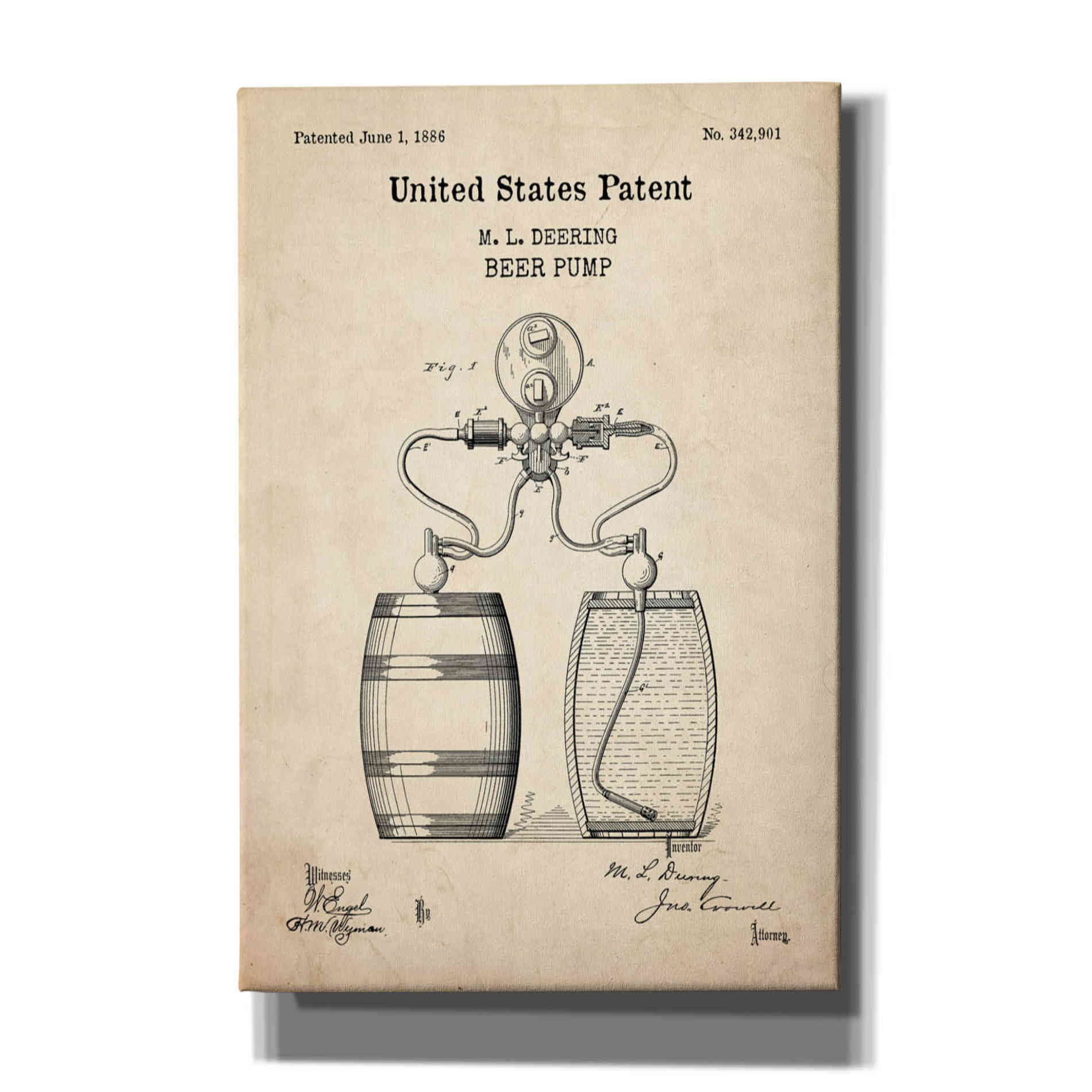 'Beer Pump Blueprint Patent Parchment,' Canvas Wall Art