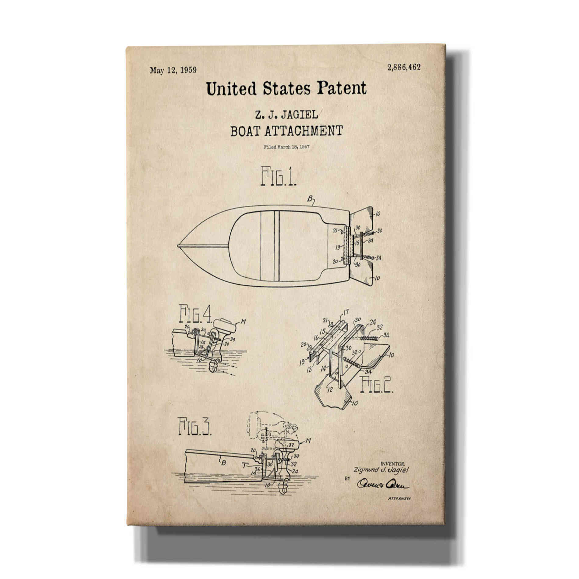'Boat Attachment Blueprint Patent Parchment,' Canvas Wall Art