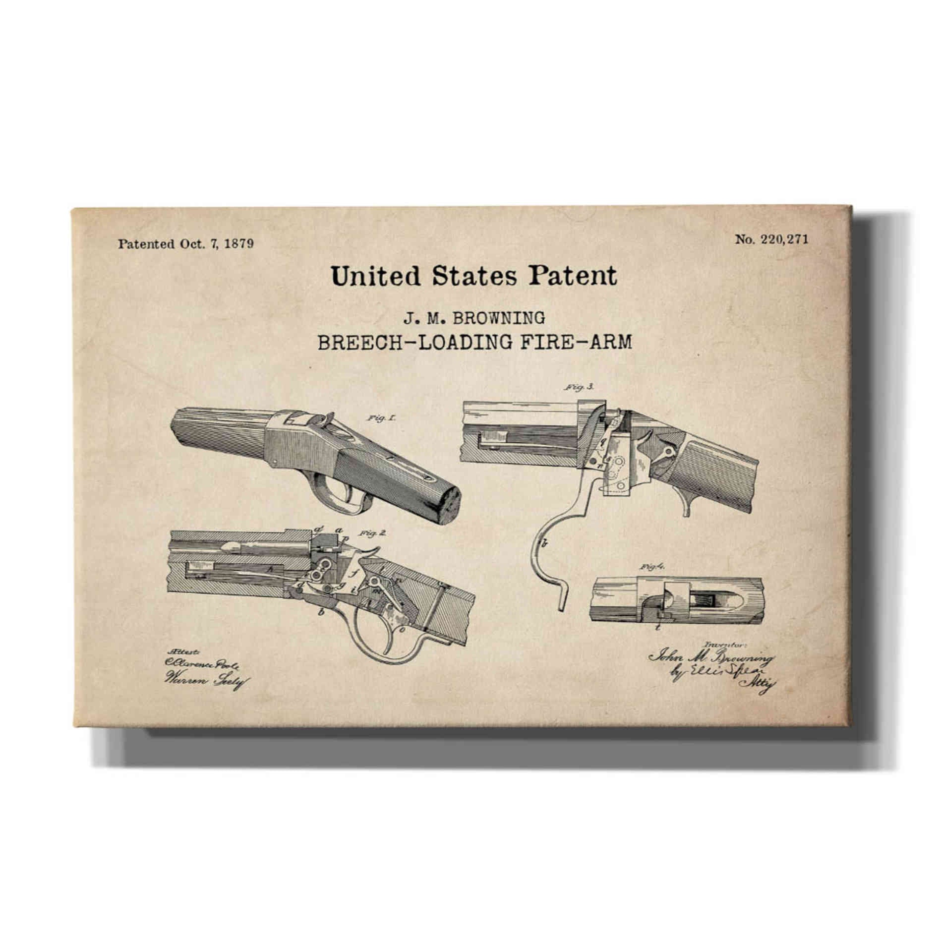 'Breech Loading Fire Arm Blueprint Patent Parchment,' Canvas Wall Art