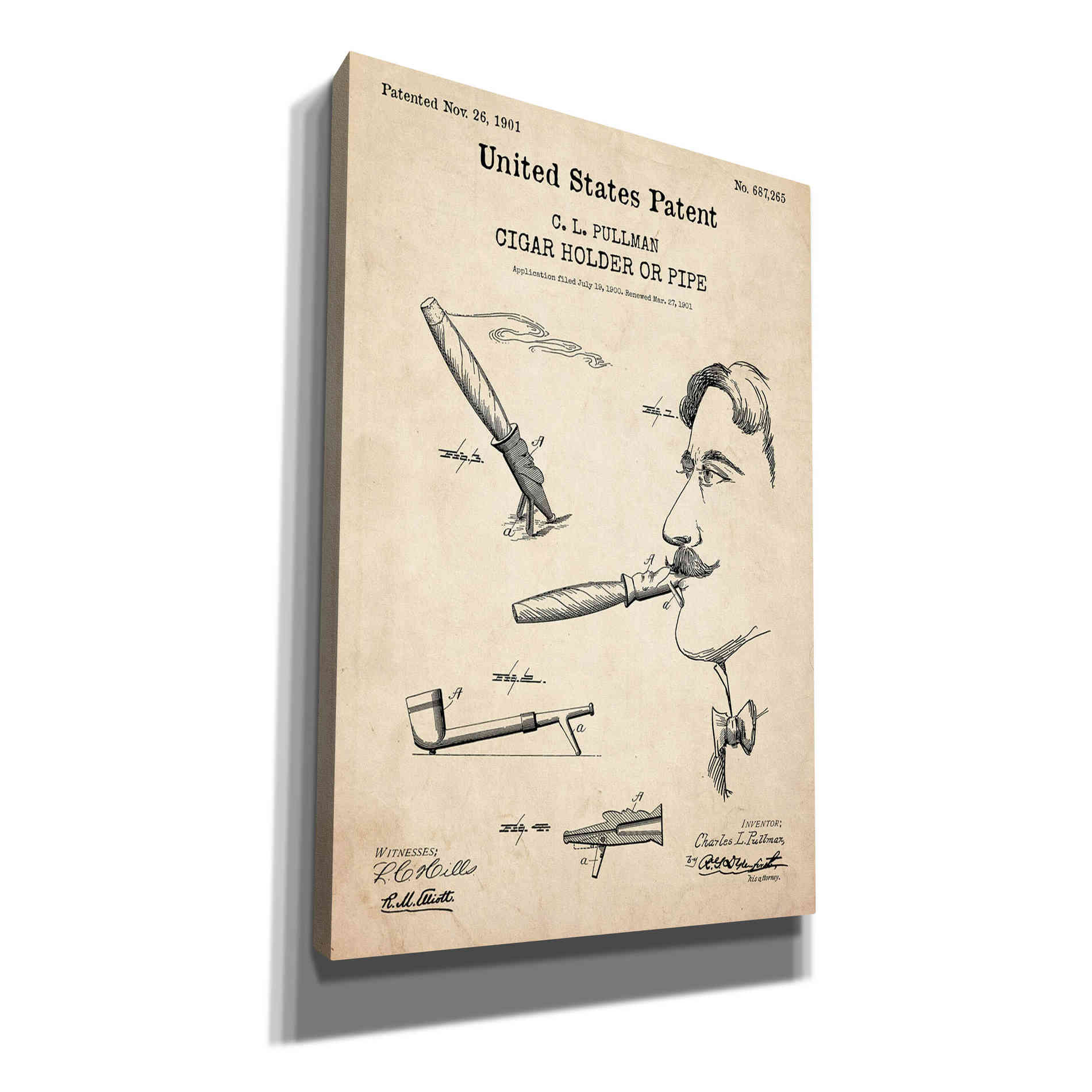 'Cigar Holder Blueprint Patent Parchment,' Canvas Wall Art
