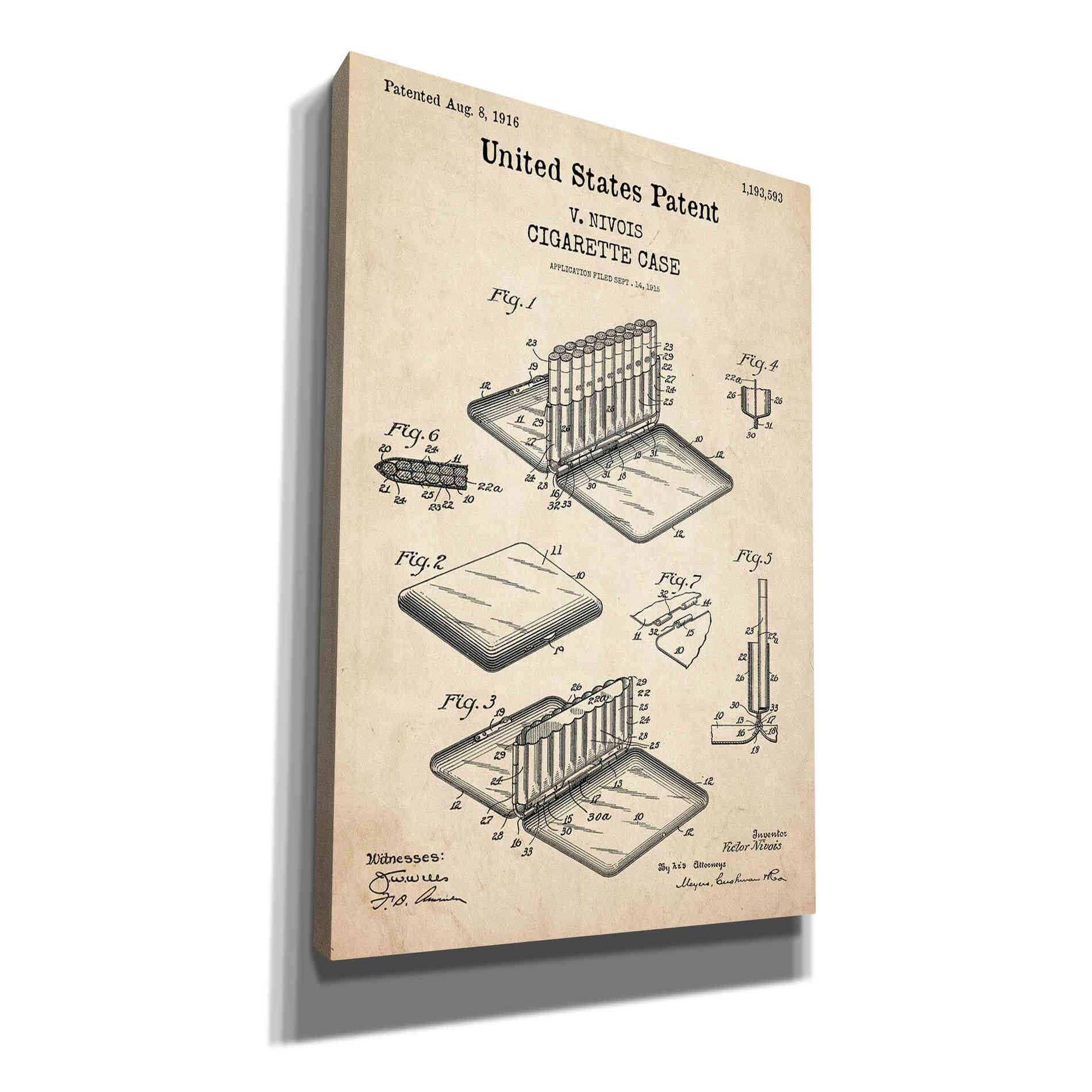 'Cigarette Case Blueprint Patent Parchment,' Canvas Wall Art