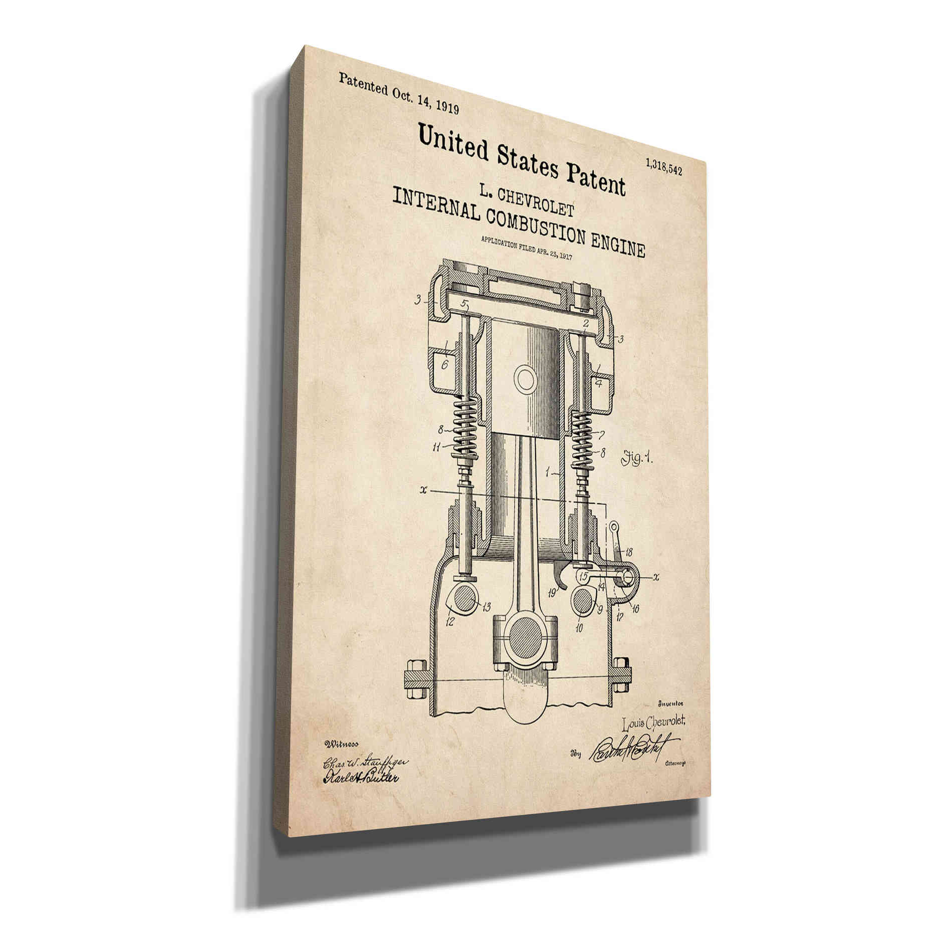 'Combustion Engine Blueprint Patent Parchment,' Canvas Wall Art