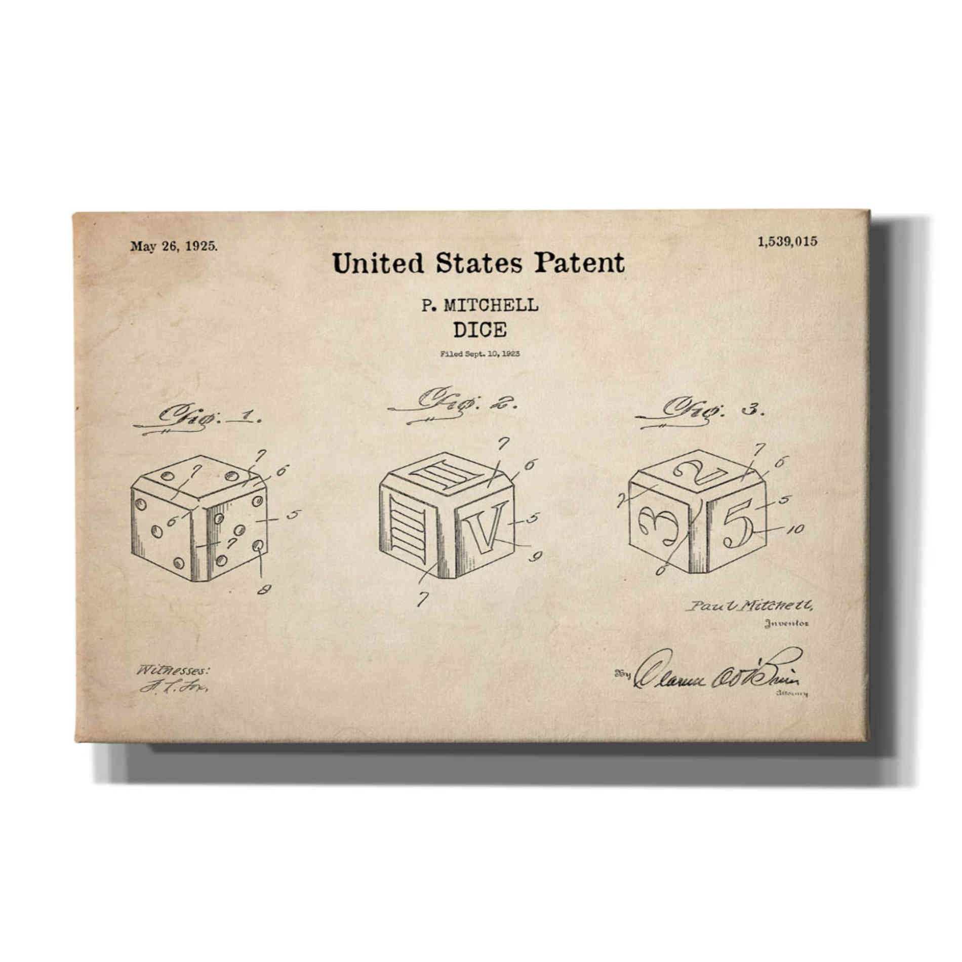 'Dice Blueprint Patent Parchment,' Canvas Wall Art