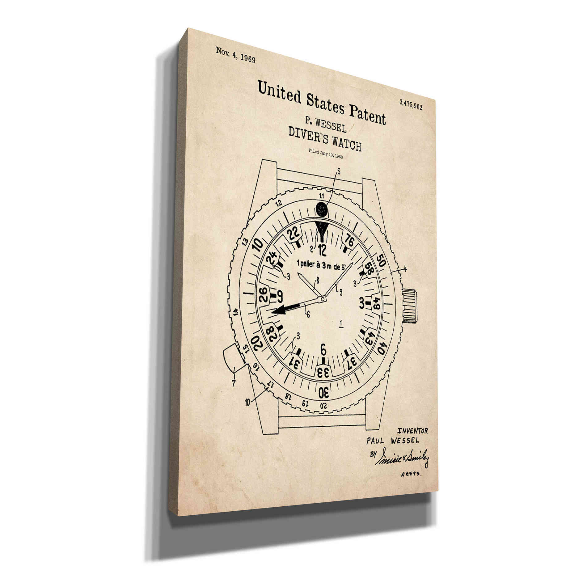 'Diver's Watch Blueprint Patent Parchment,' Canvas Wall Art