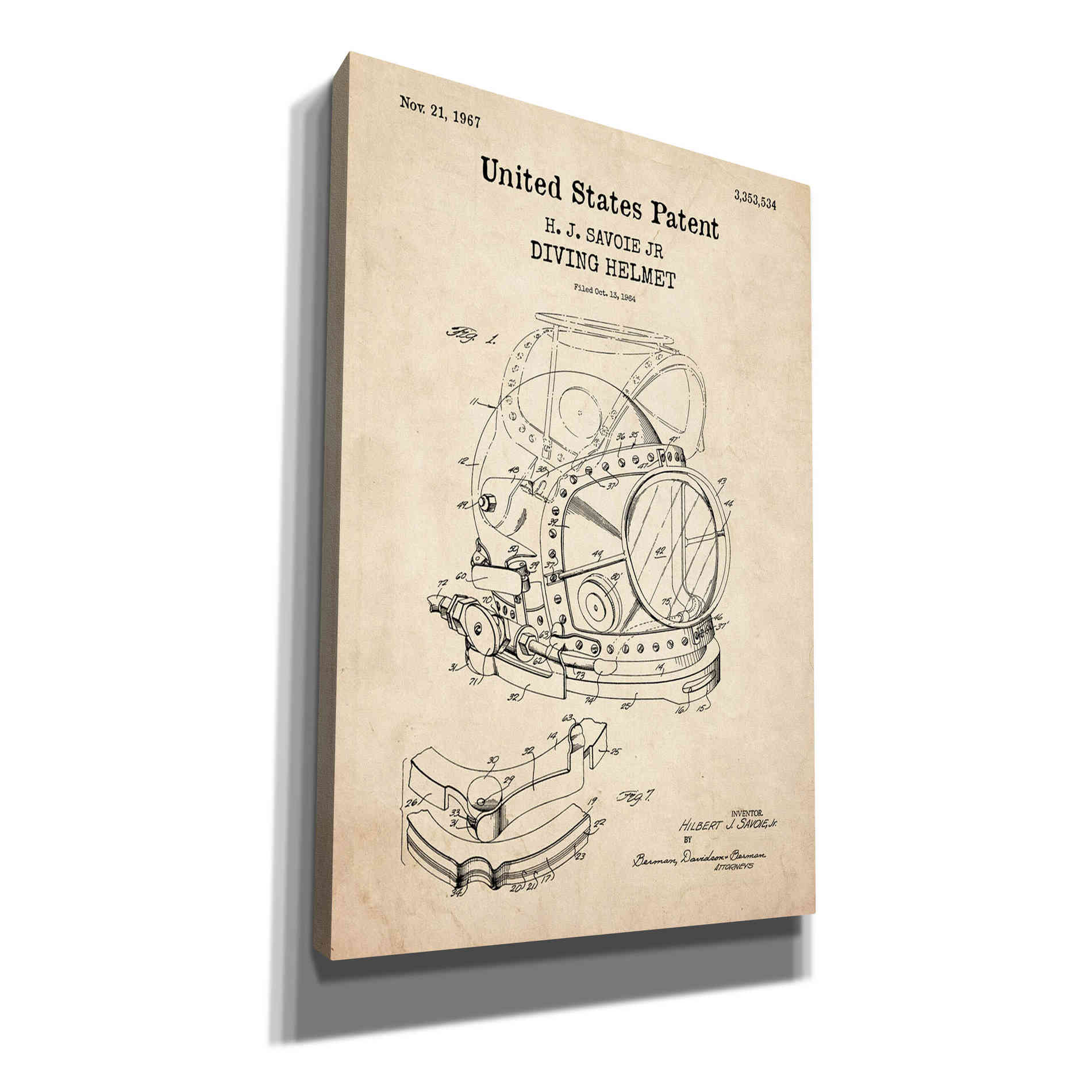 'Diving Helmet Blueprint Patent Parchment,' Canvas Wall Art