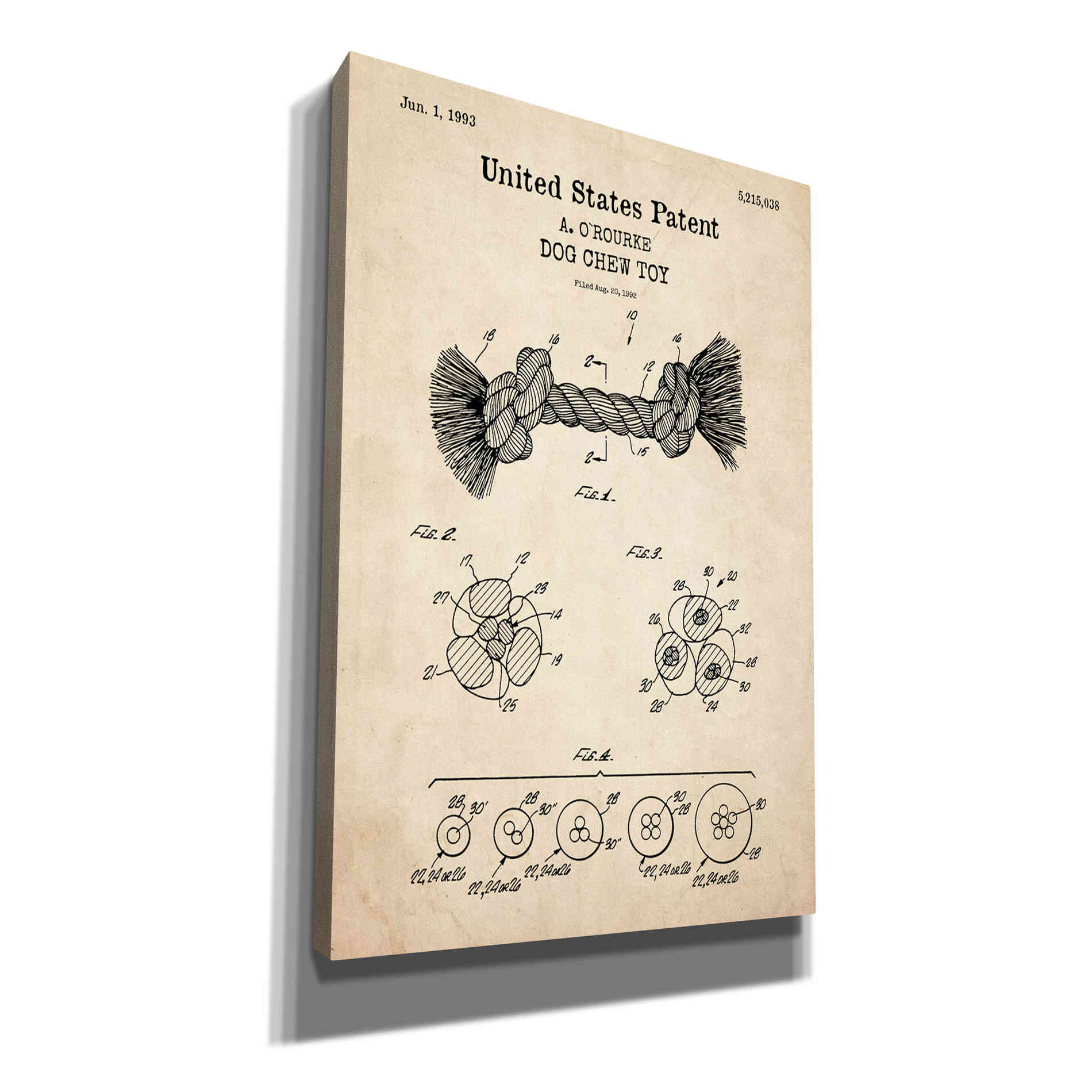 'Dog Chew toy Blueprint Patent Parchment,' Canvas Wall Art