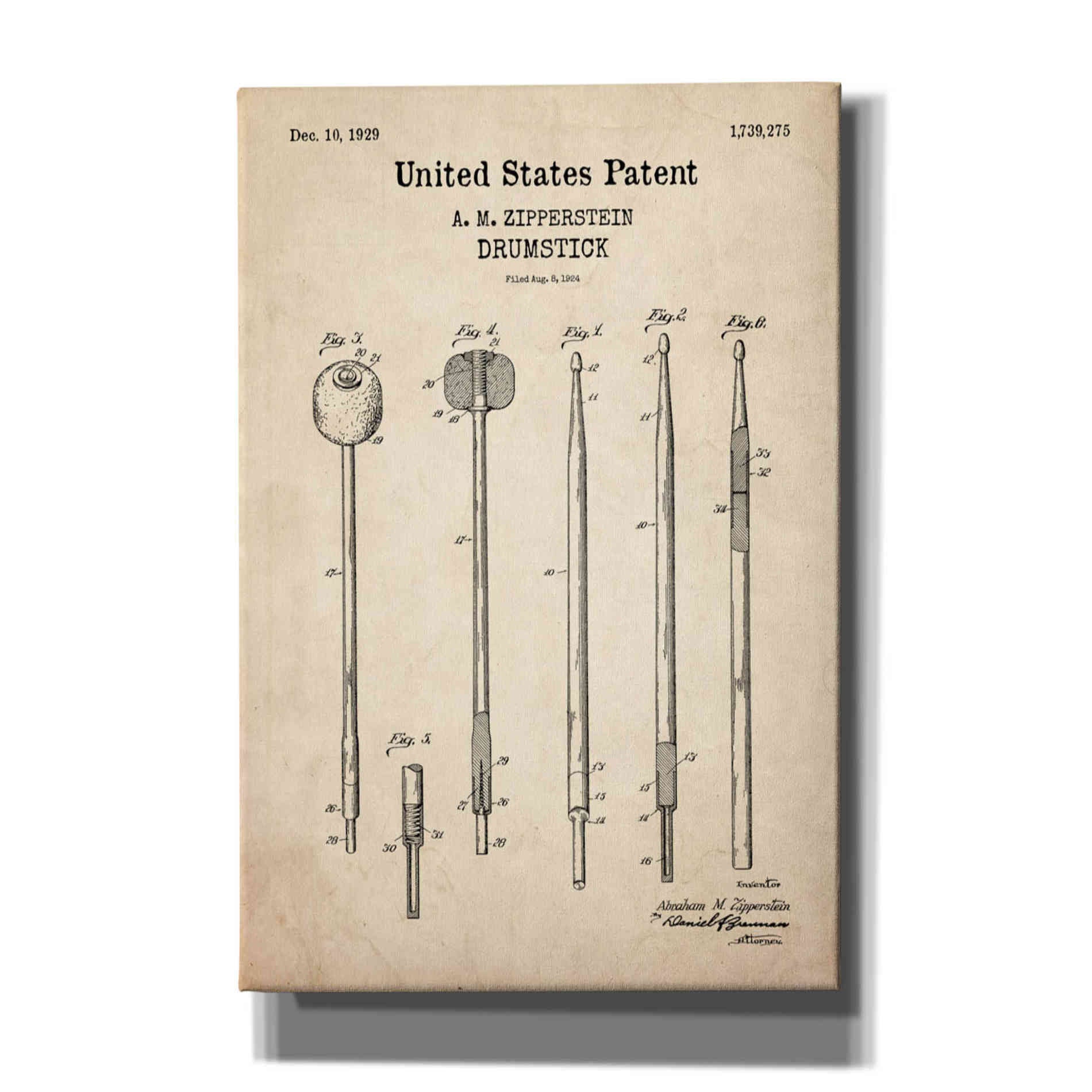 'Drumsticks, 1929 Blueprint Patent Parchment,' Canvas Wall Art