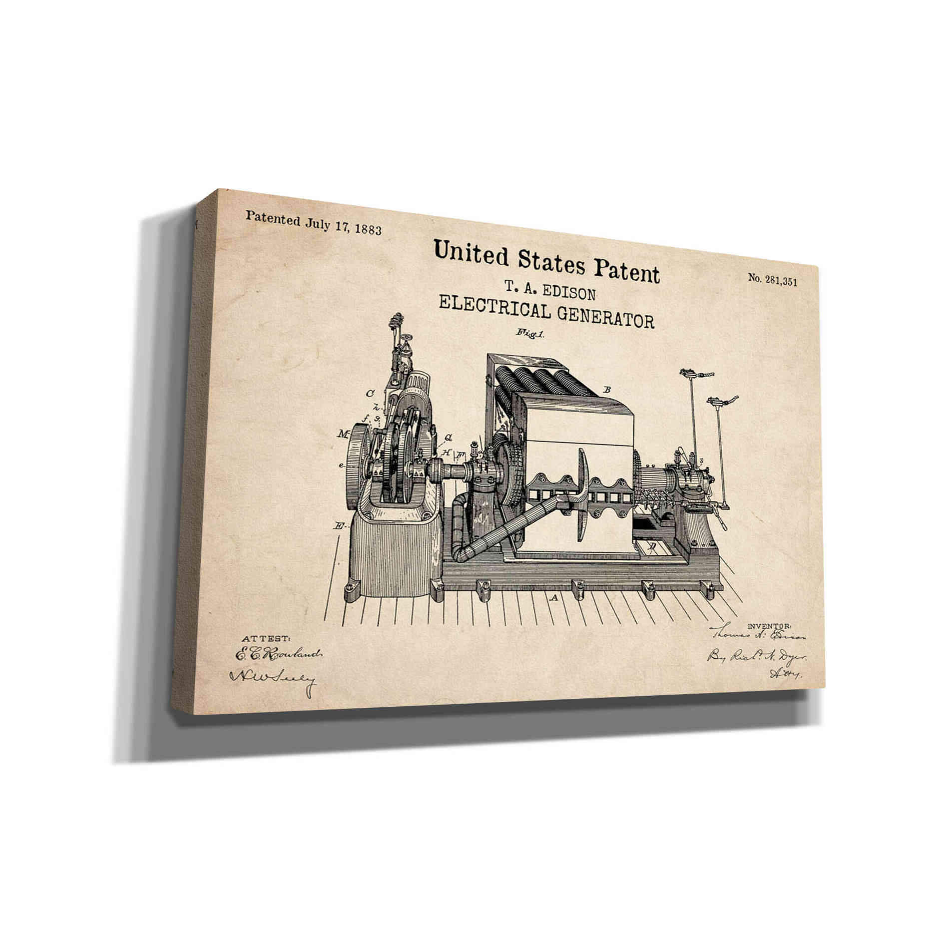 'Edison Electric Generator Blueprint Patent Parchment,' Canvas Wall Art
