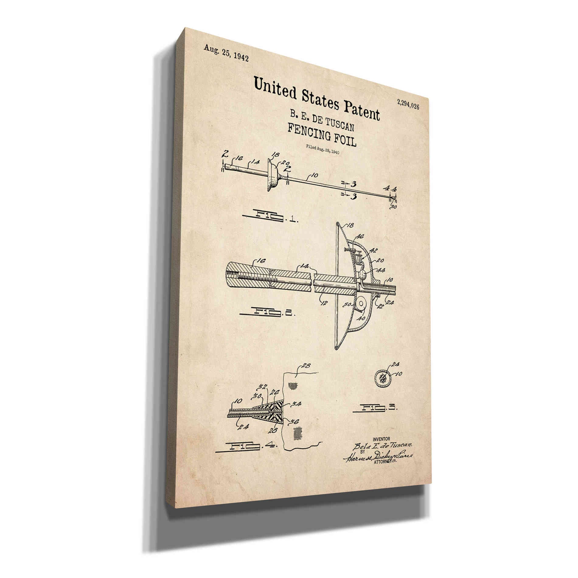 'Fencing Foil Blueprint Patent Parchment,' Canvas Wall Art
