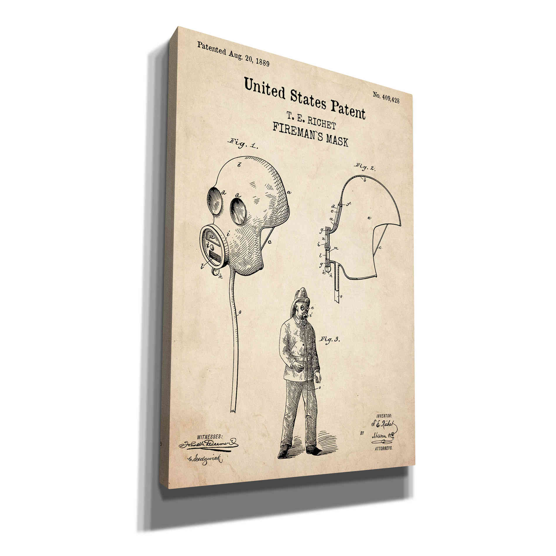 'Fireman's Mask Blueprint Patent Parchment,' Canvas Wall Art