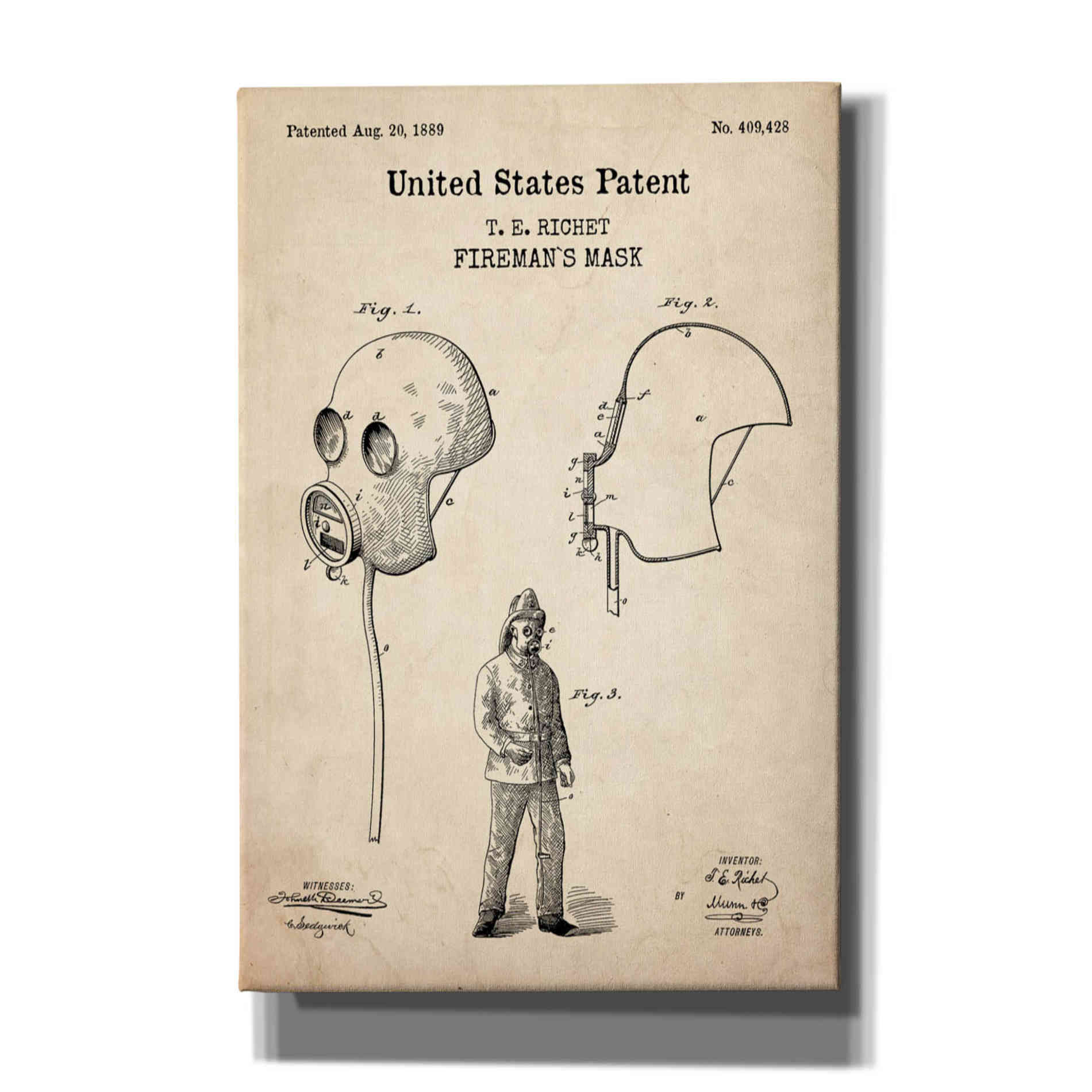 'Fireman's Mask Blueprint Patent Parchment,' Canvas Wall Art