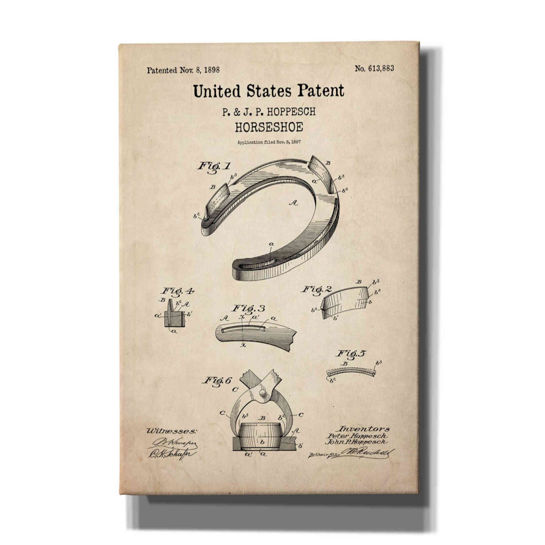 'Horseshoe Blueprint Patent Parchment,' Canvas Wall Art