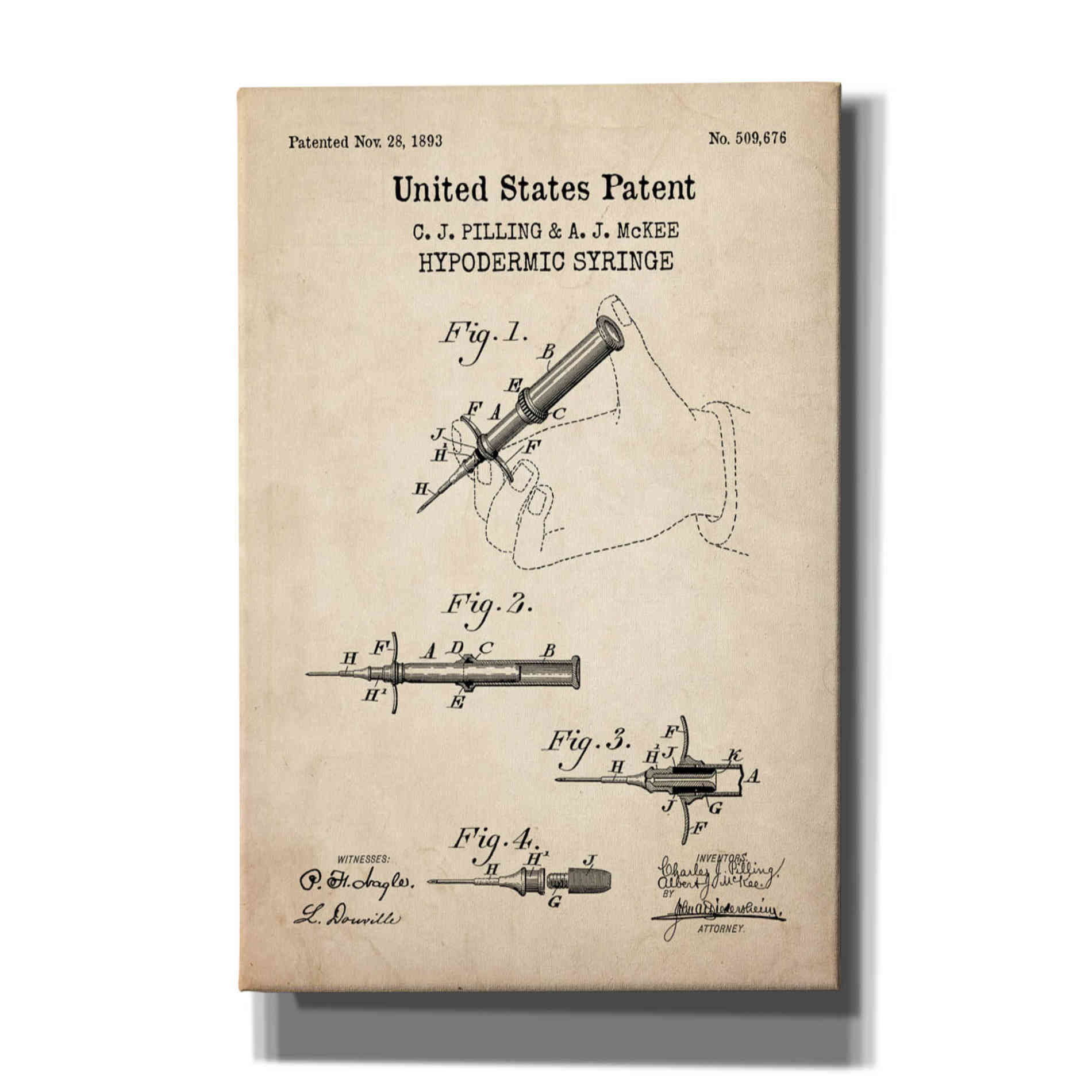 'Hypodermic Syringe Blueprint Patent Parchment,' Canvas Wall Art
