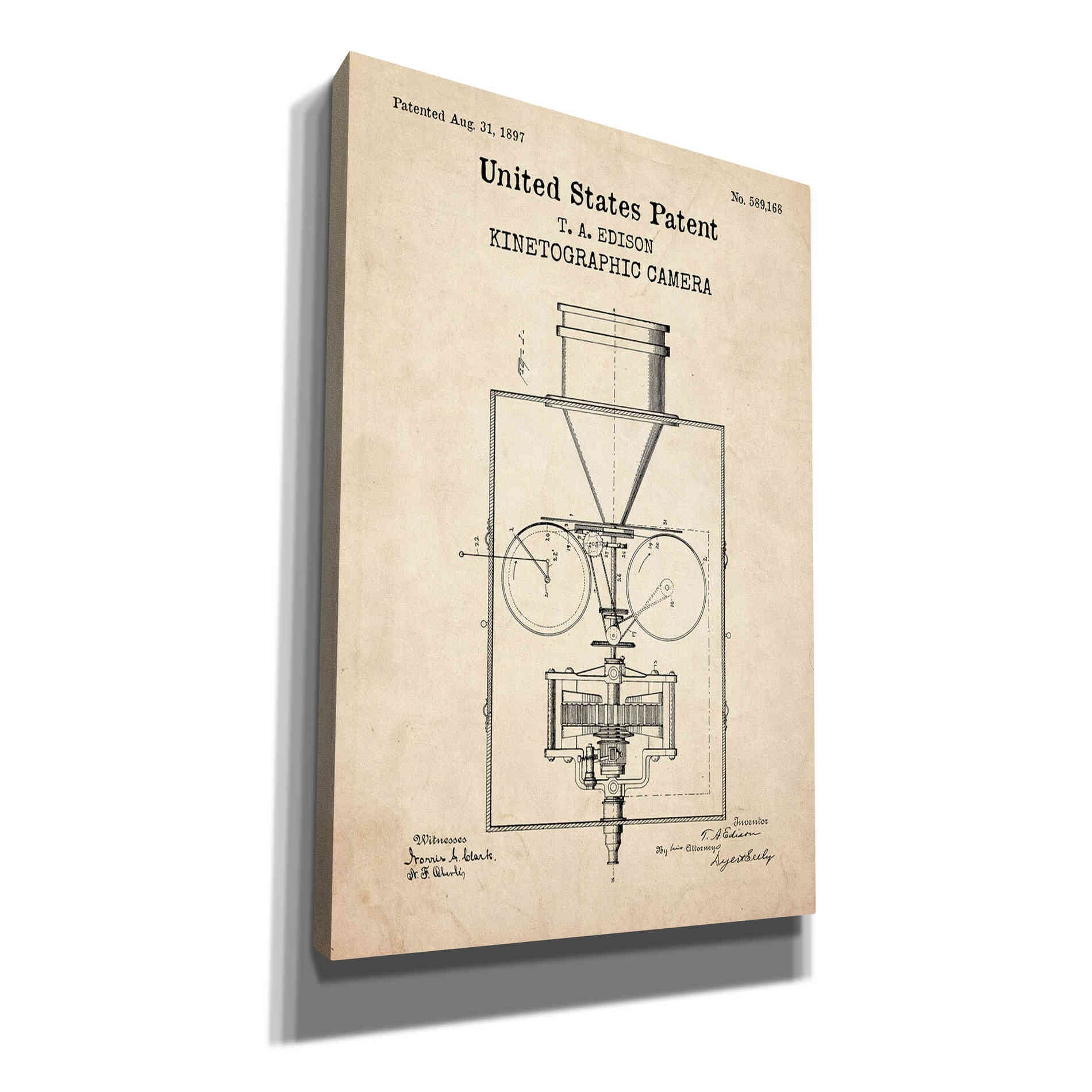 'Kinetographic Camera Blueprint Patent Parchment,' Canvas Wall Art
