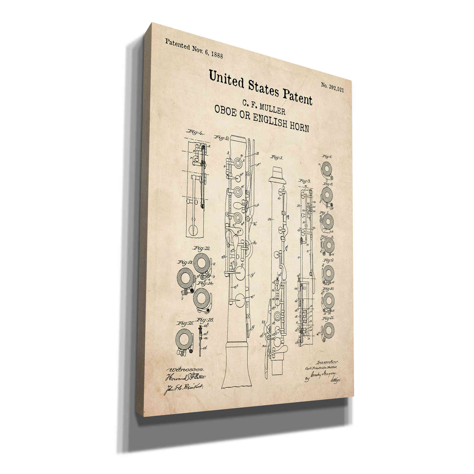 'Oboe Blueprint Patent Parchment,' Canvas Wall Art