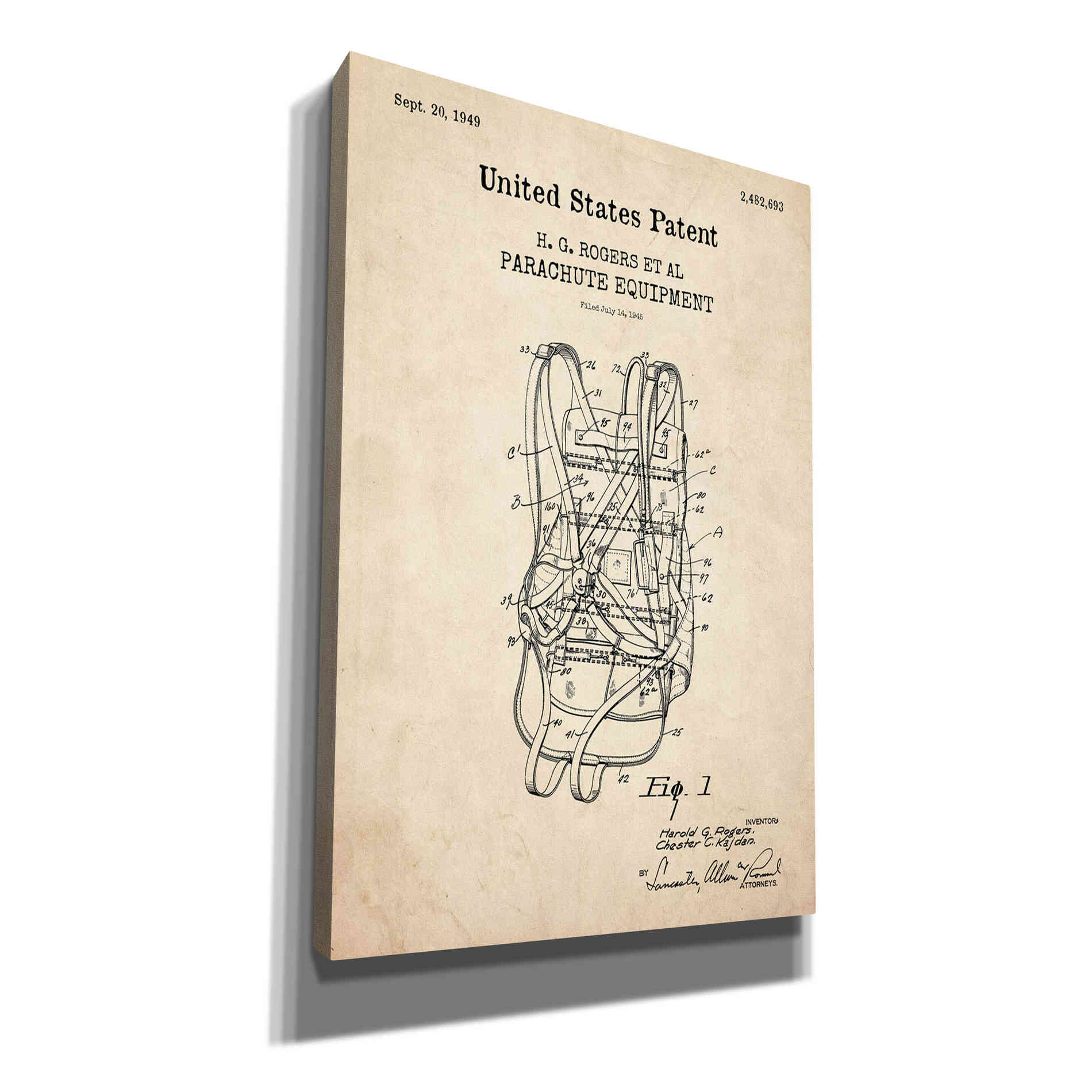 'Parachute Blueprint Patent Parchment,' Canvas Wall Art