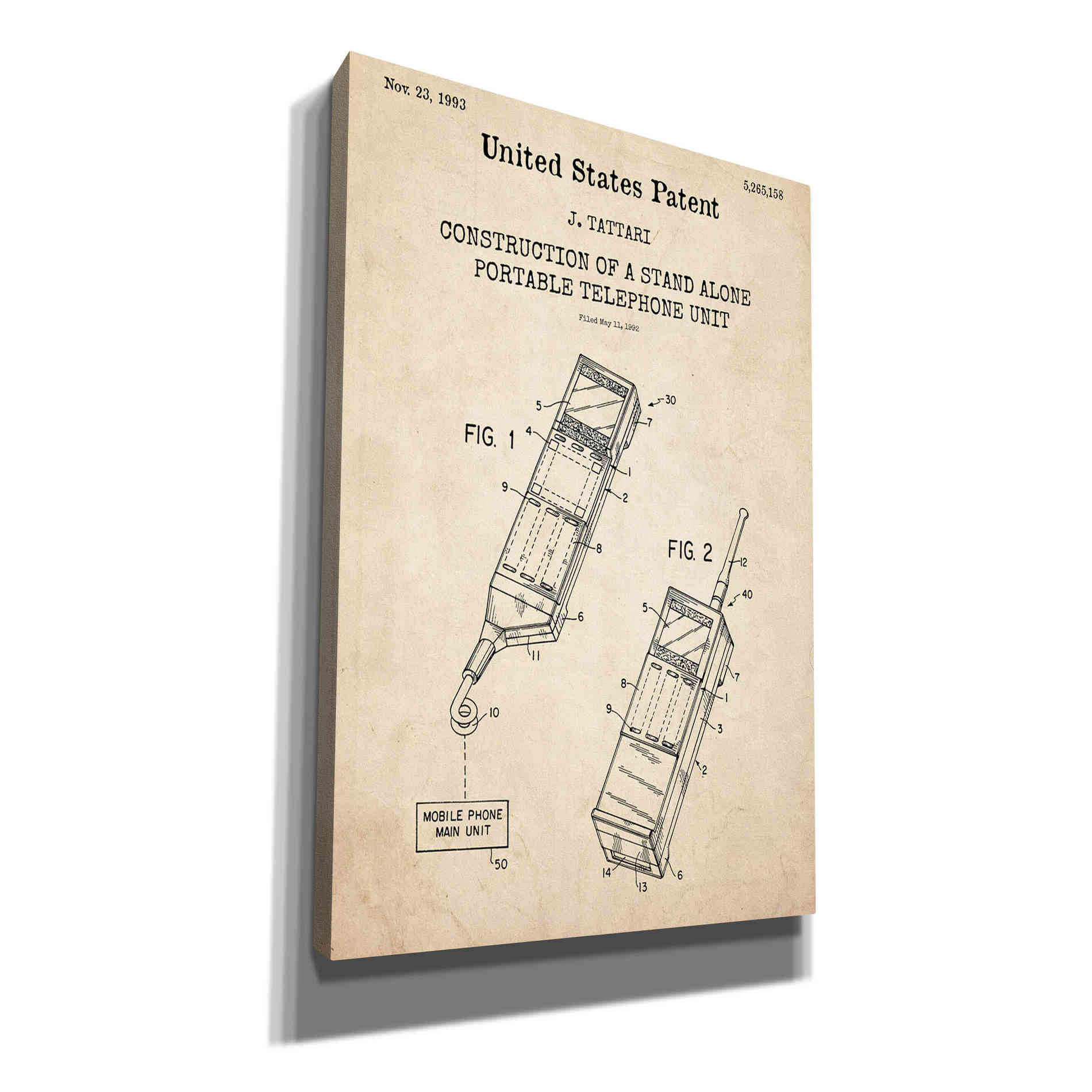 'Portable Phone Unit Blueprint Patent Parchment,' Canvas Wall Art