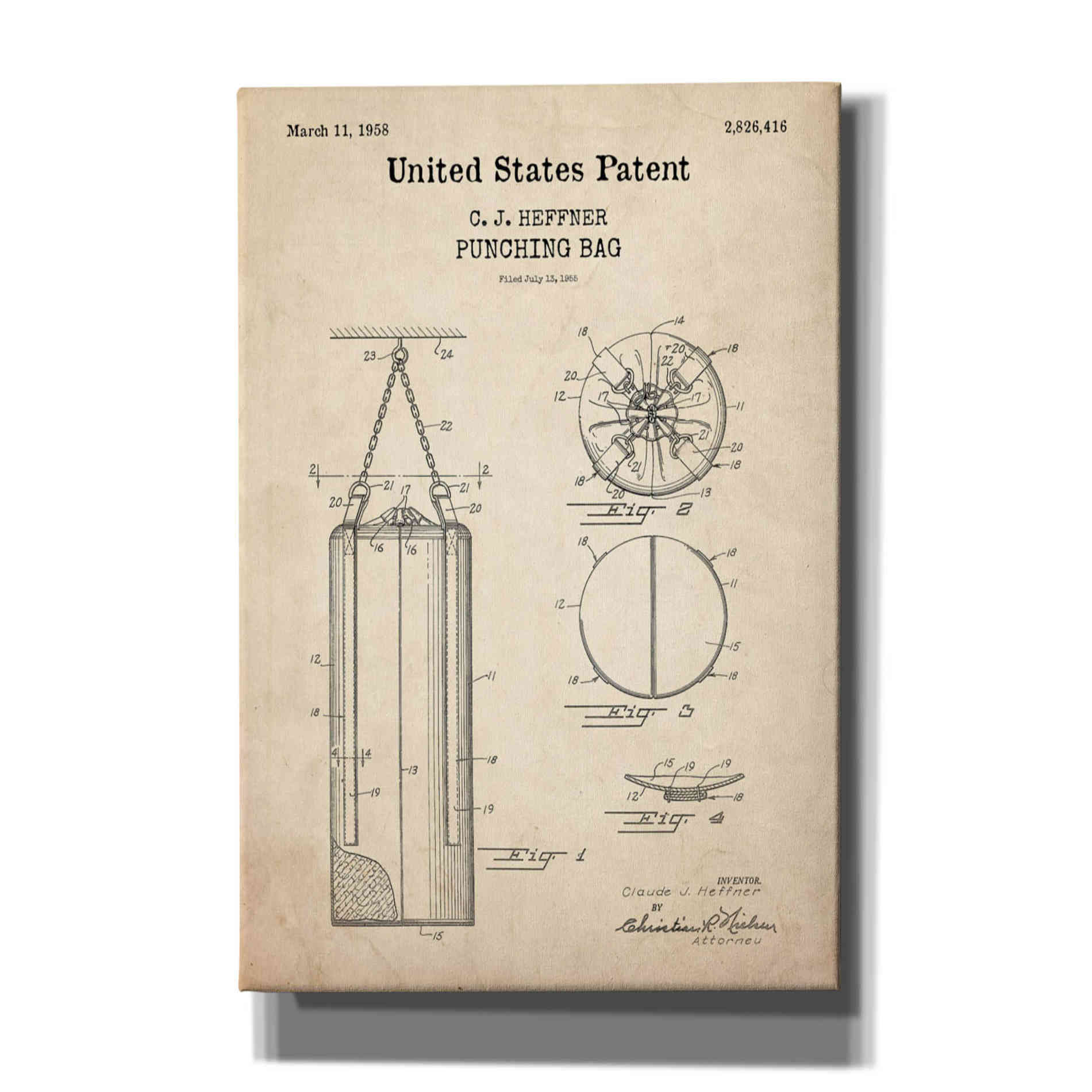 'Punching Bag Blueprint Patent Parchment,' Canvas Wall Art