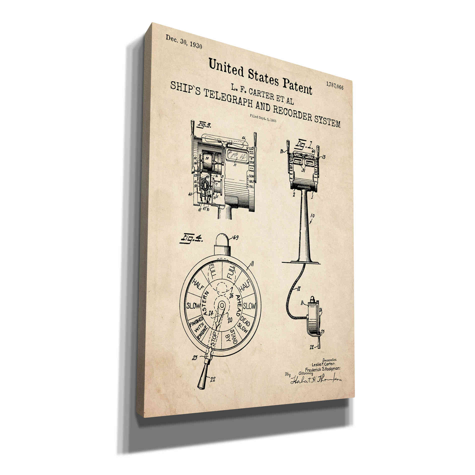 'Ship's Telegraph and Record System Blueprint Patent Parchment,' Canvas Wall Art