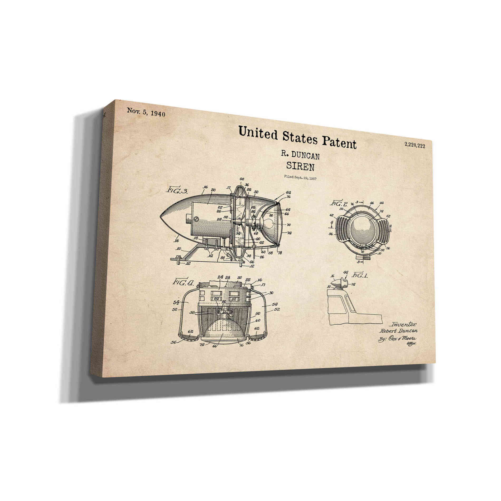 'Siren Blueprint Patent Parchment,' Canvas Wall Art