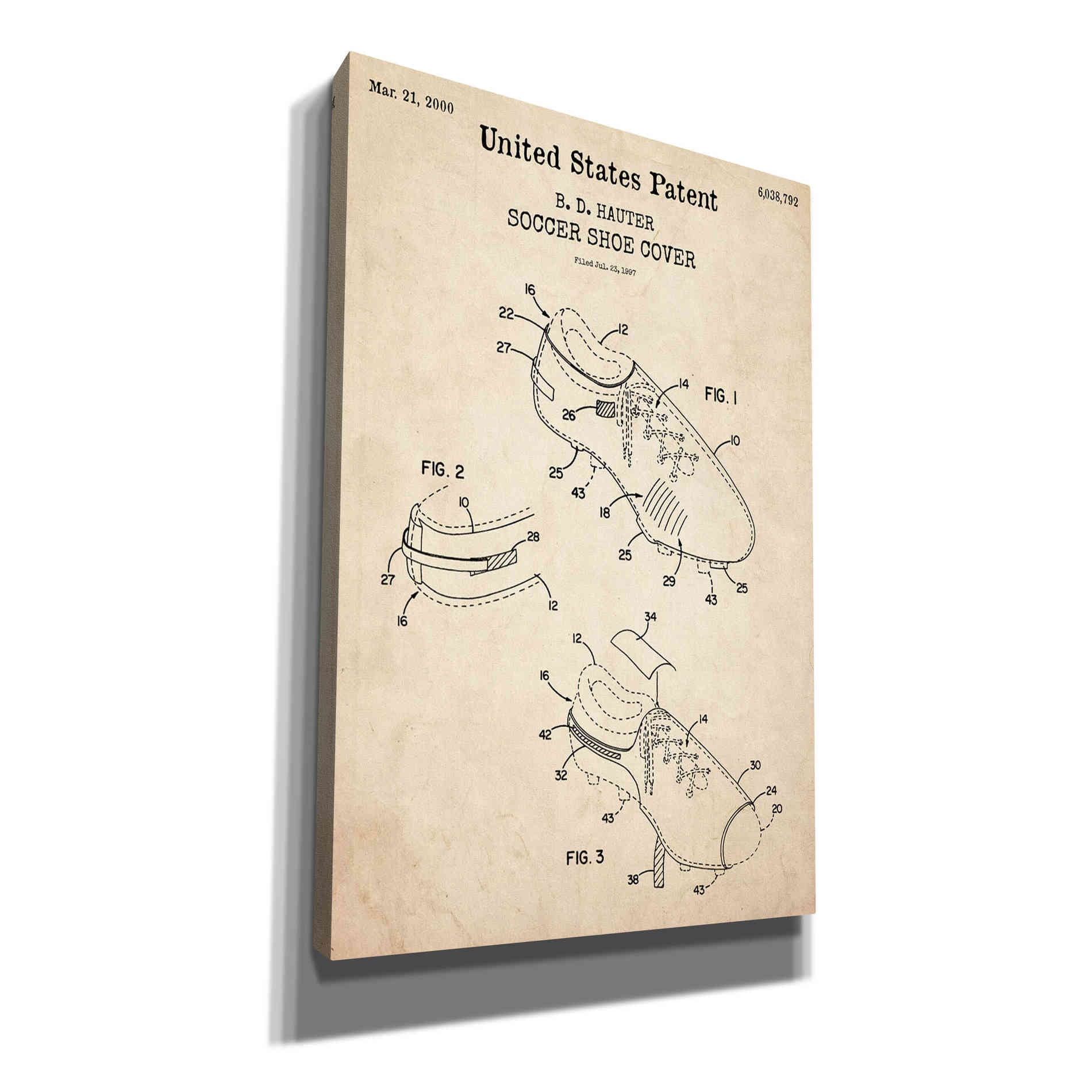 'Soccer Shoe Cover Blueprint Patent Parchment,' Canvas Wall Art