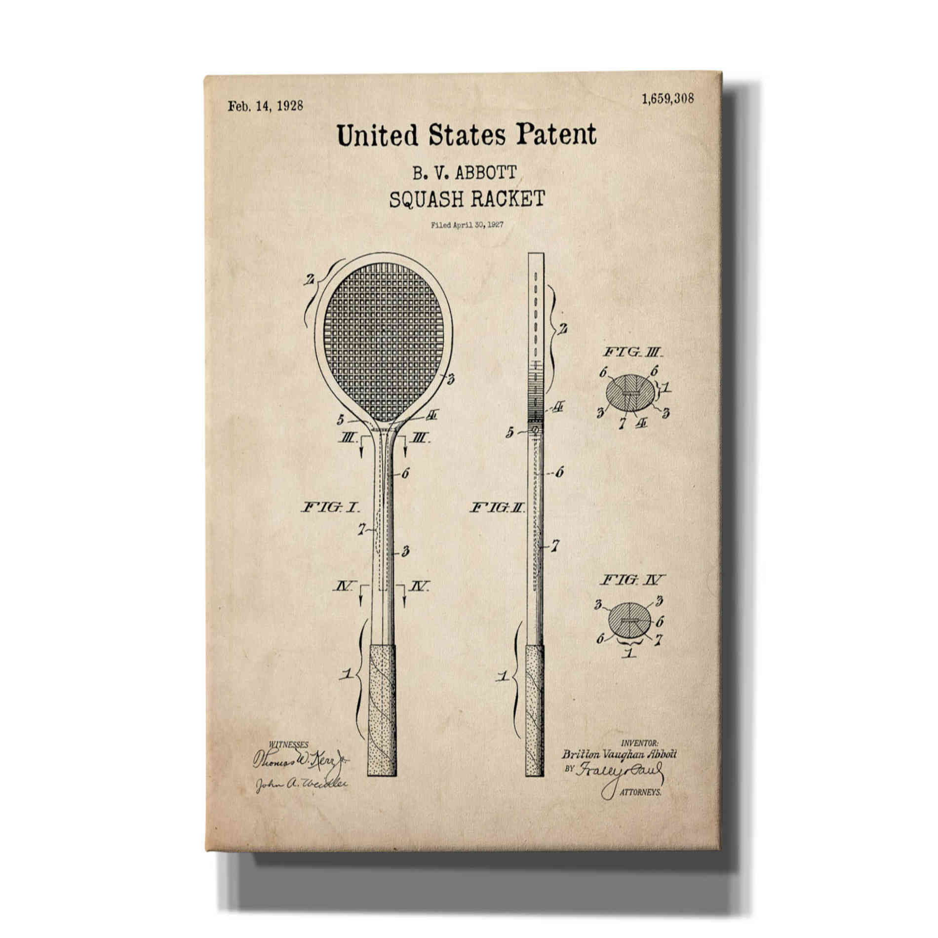 'Squash Racket Blueprint Patent Parchment,' Canvas Wall Art