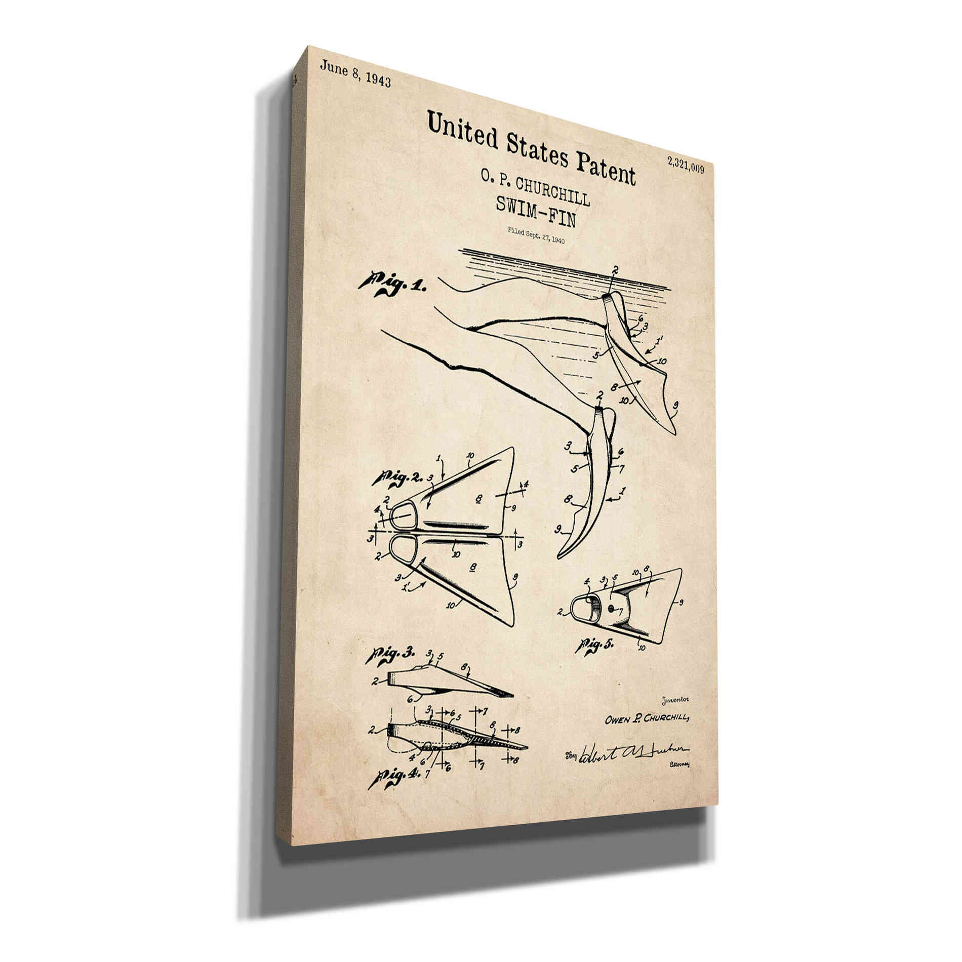 'Swim Fin Blueprint Patent Parchment,' Canvas Wall Art