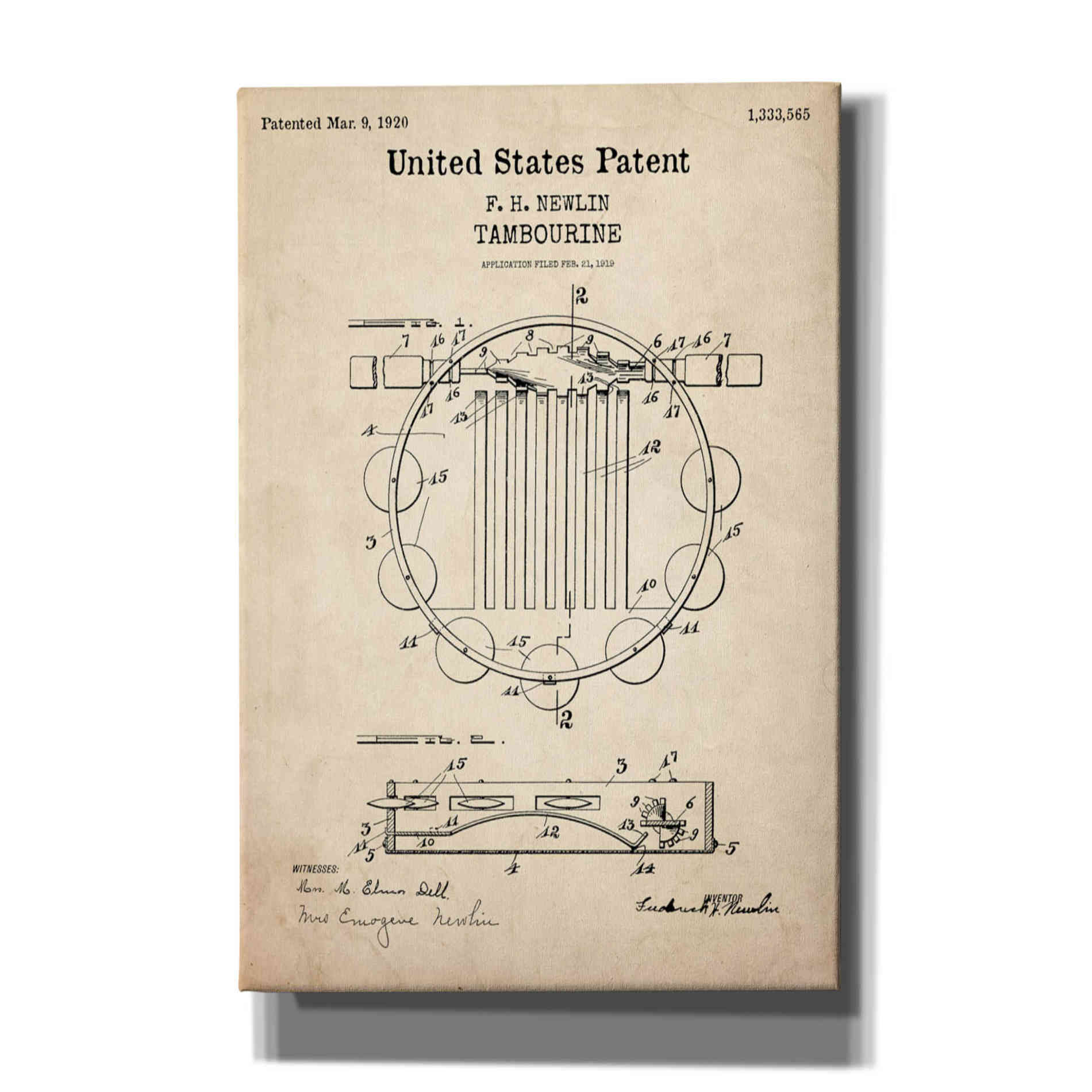 'Tambourine Blueprint Patent Parchment,' Canvas Wall Art