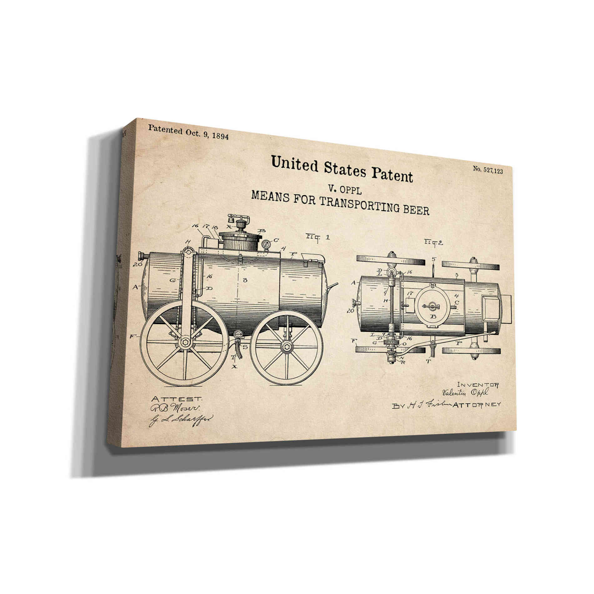 'transporting beer Blueprint Patent Parchment,' Canvas Wall Art