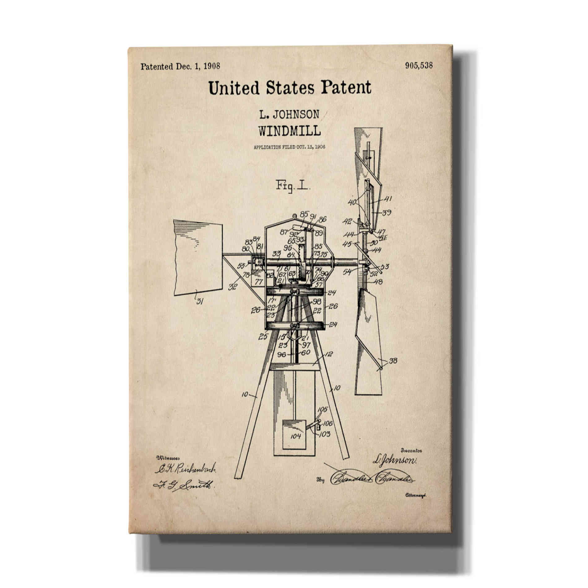 'Windmill Blueprint Patent Parchment,' Canvas Wall Art