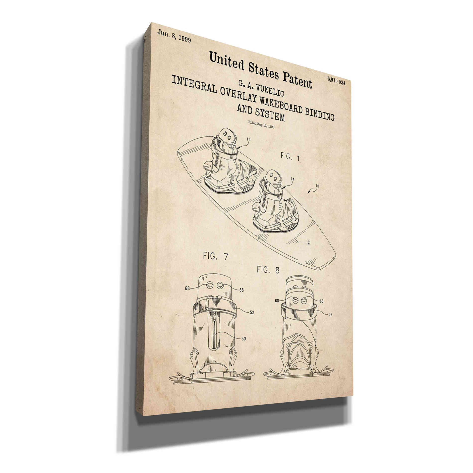 'Integral Overlay Wakeboard Binding and System Blueprint Patent Parchment,' Canvas Wall Art