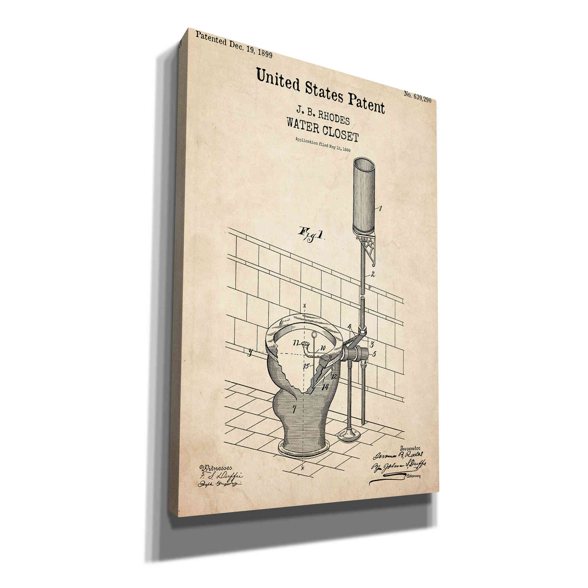 'Water Closet Blueprint Patent Parchment,' Canvas Wall Art