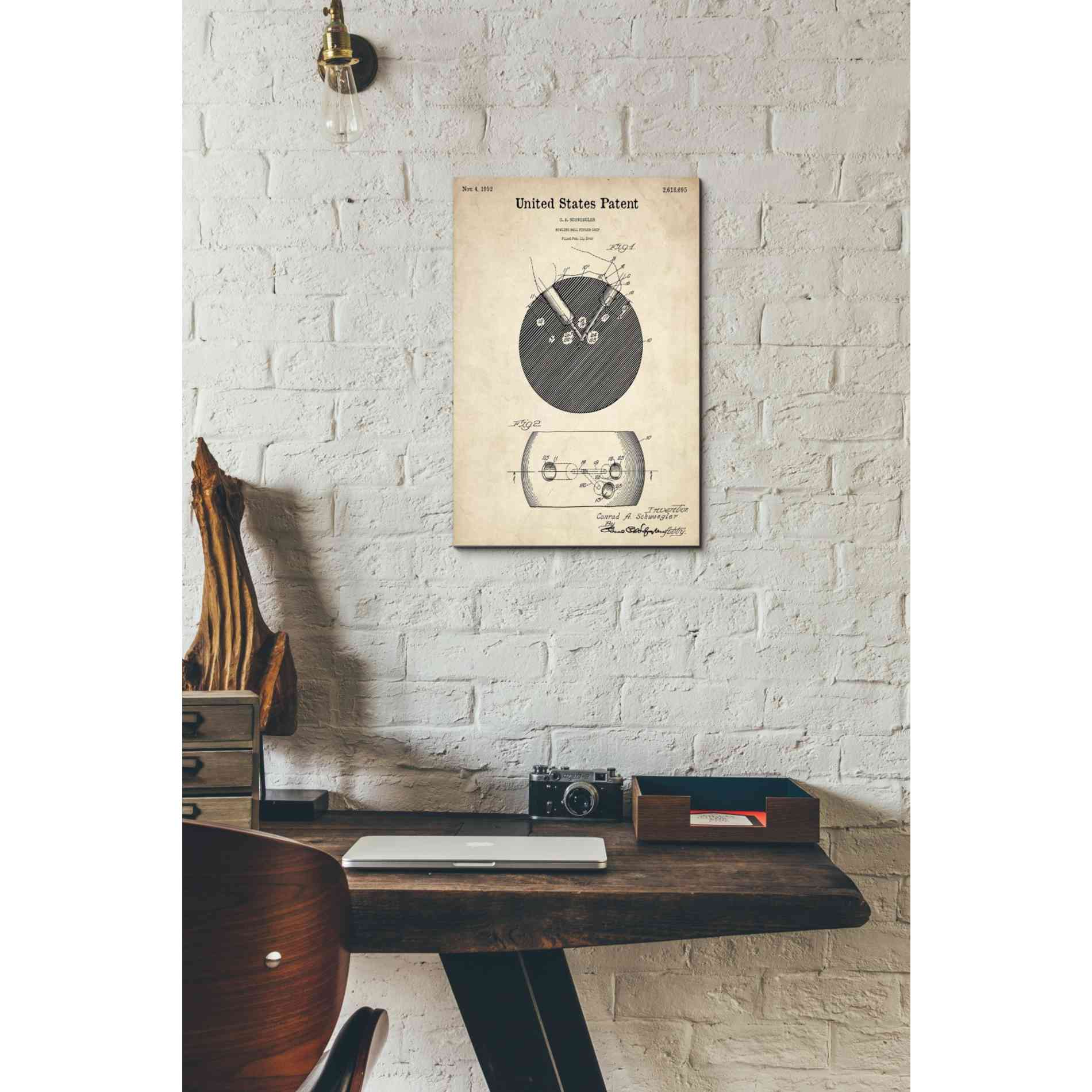 'Bowling Ball Finger Grip Blueprint Patent Parchment' Canvas Wall Art,12 x 18