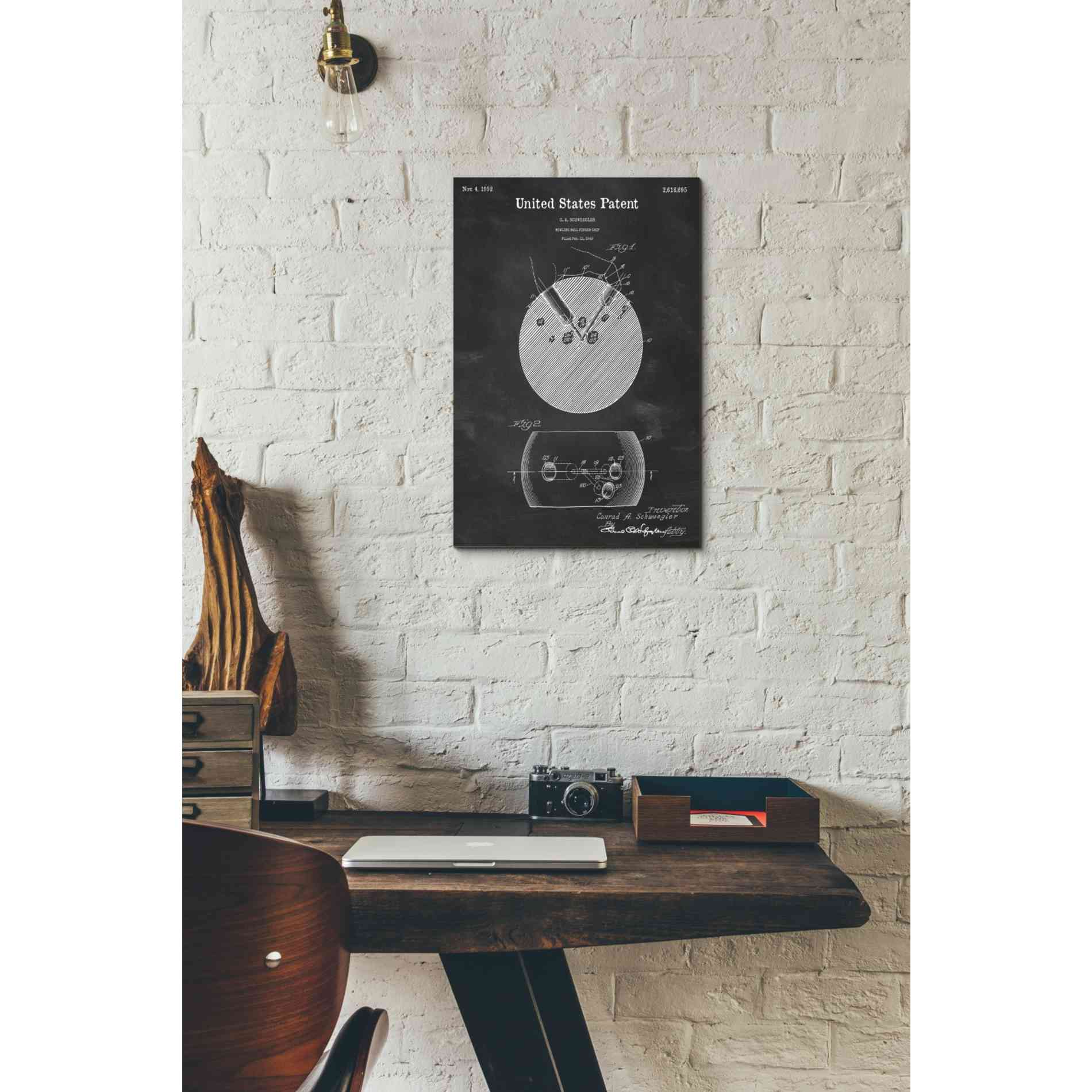 'Bowling Ball Finger Grip Blueprint Patent Chalkboard' Canvas Wall Art,12 x 18