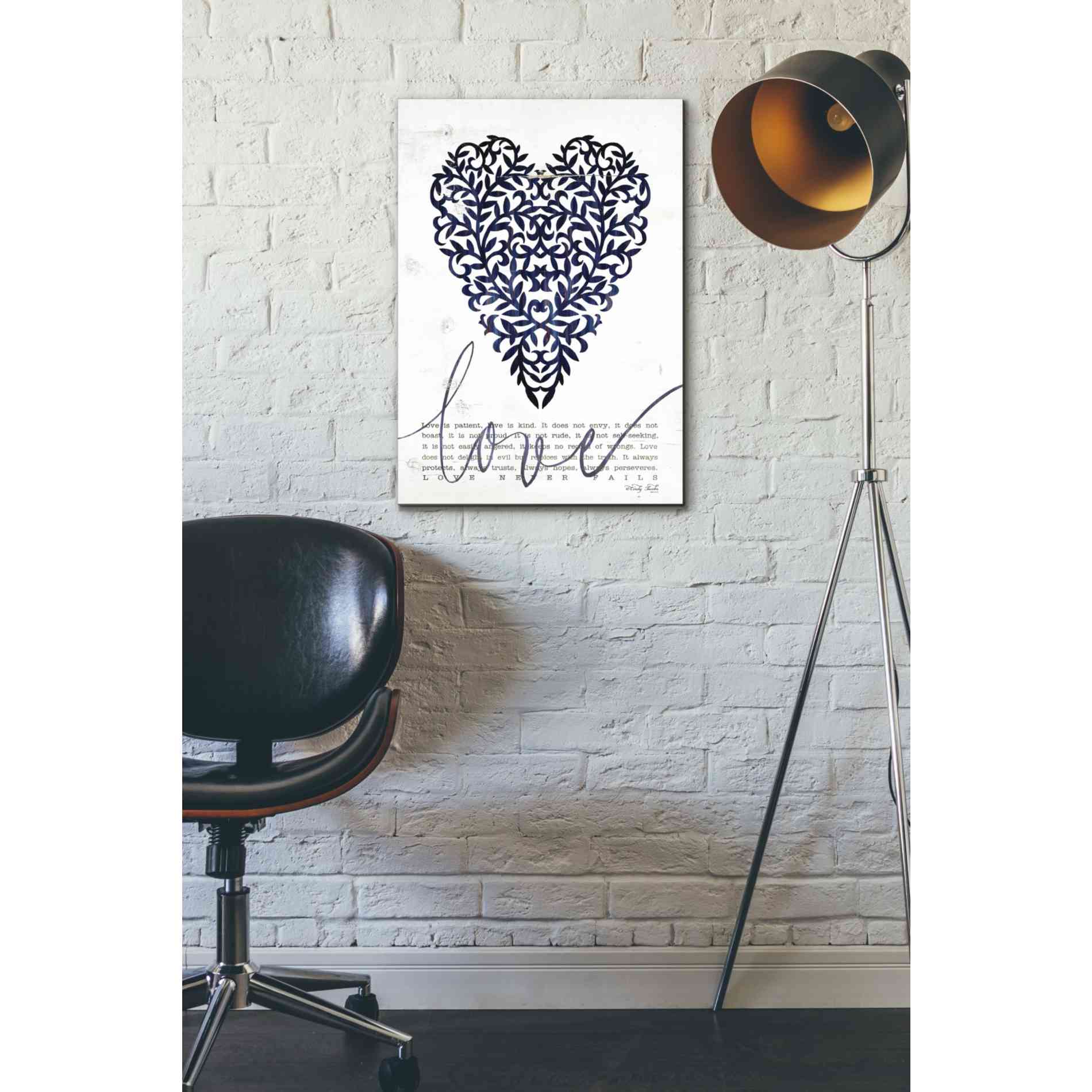 'Love Never Fails in Navy' by Cindy Jacobs, Canvas Wall Art,18 x 26