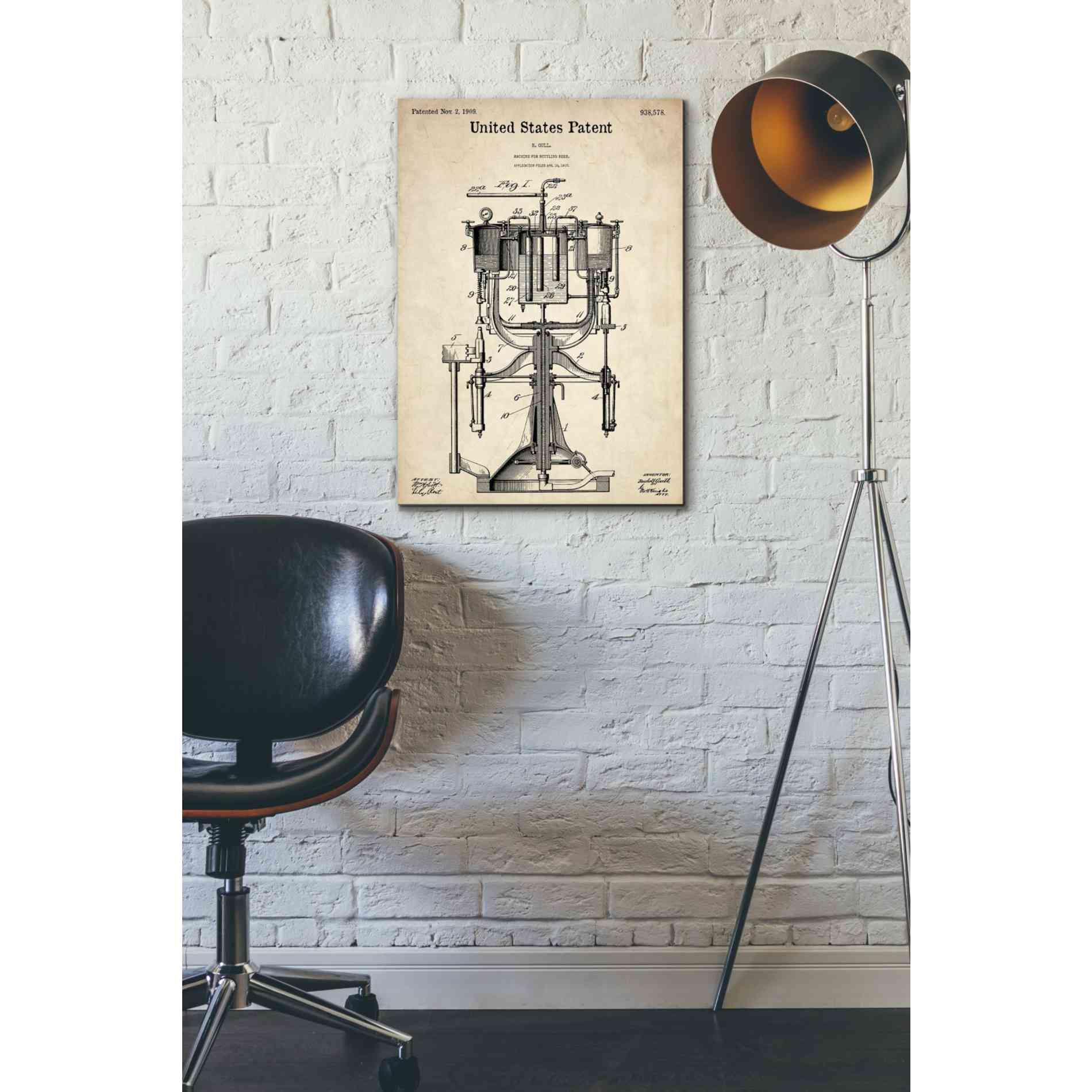 'Beer Bottling Machine Blueprint Patent Parchment' Canvas Wall Art,18 x 26
