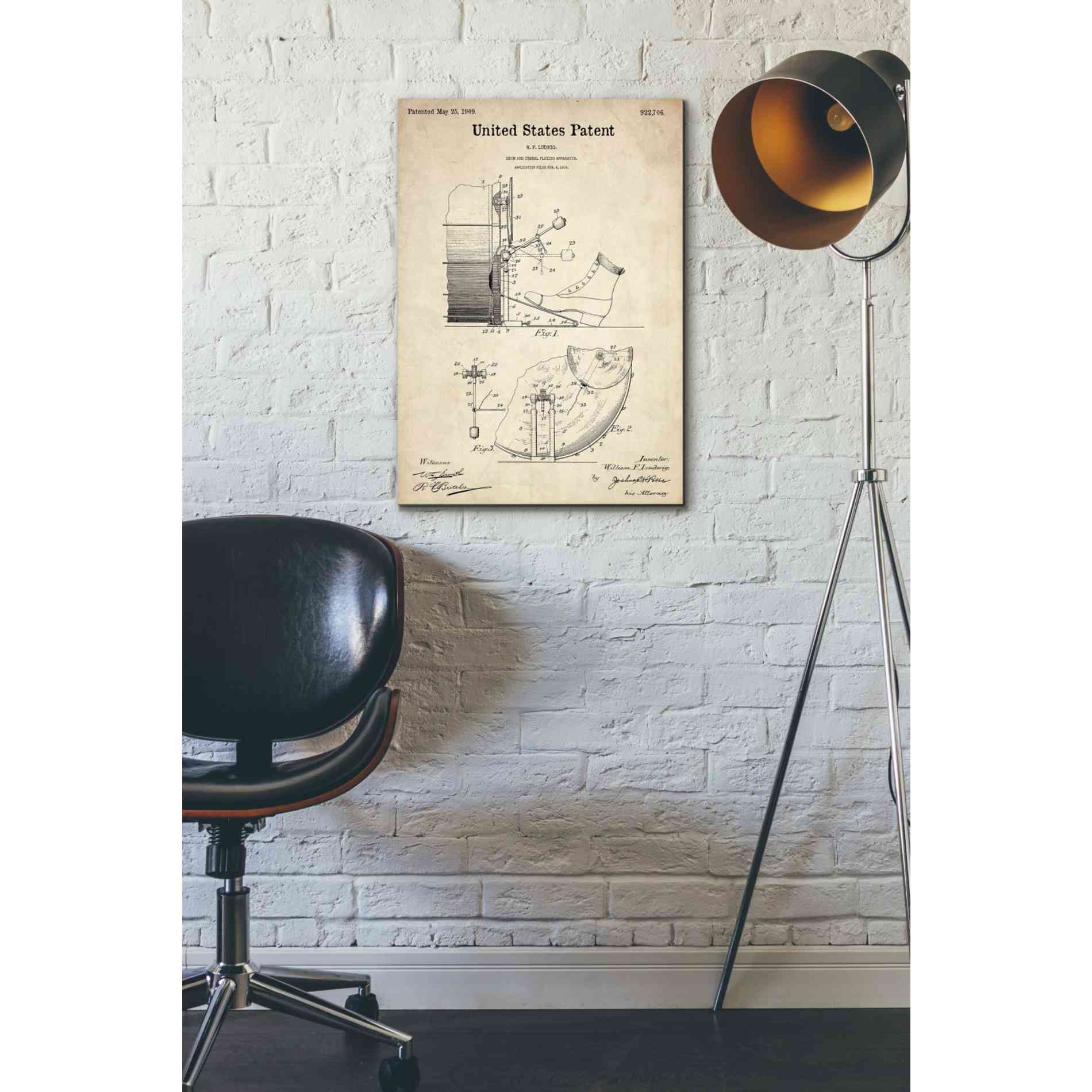 'Drum and Cymbal Blueprint Patent Parchment' Canvas Wall Art,18 x 26