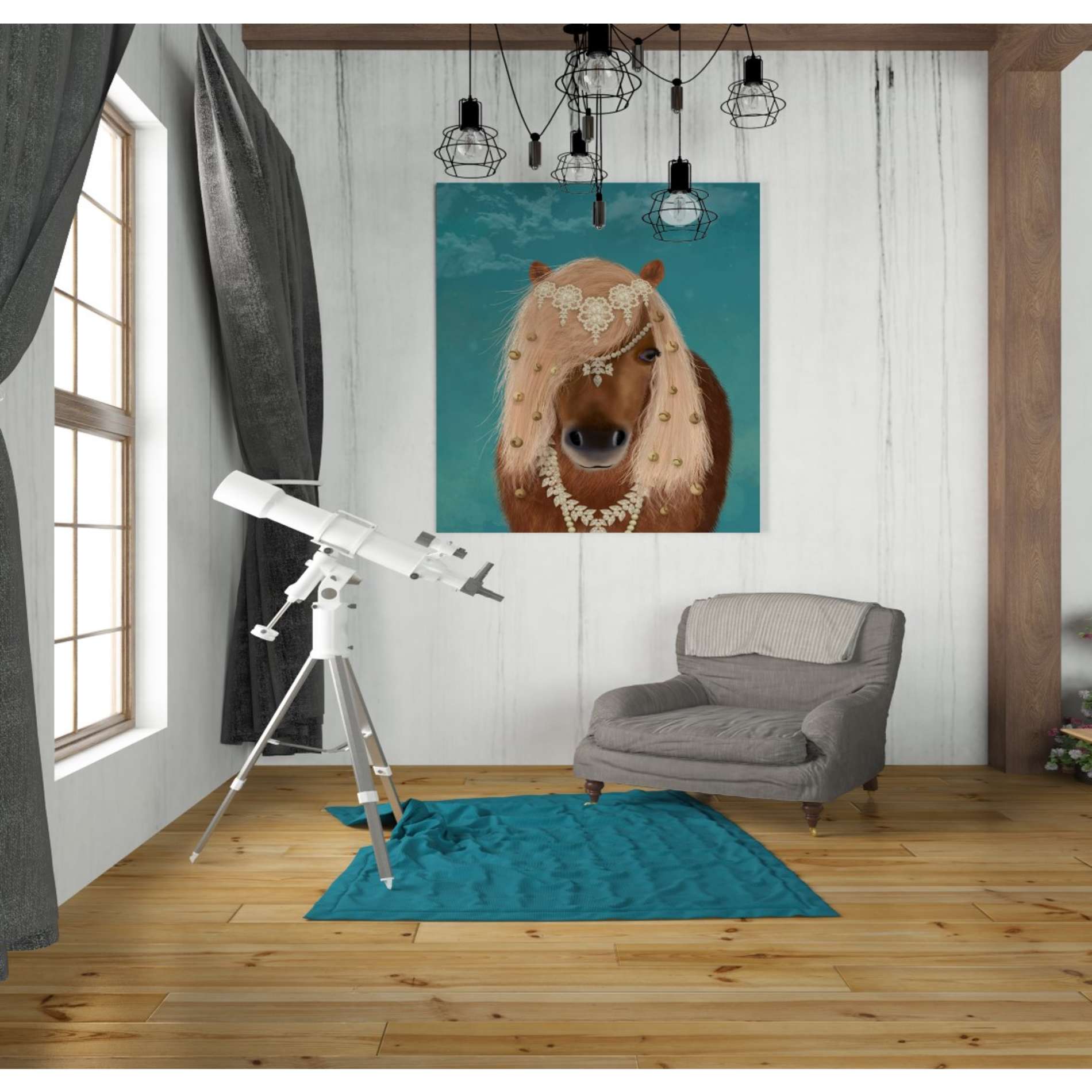 'Horse Brown Pony with Bells, Portrait' by Fab Funky, Giclee Canvas Wall Art