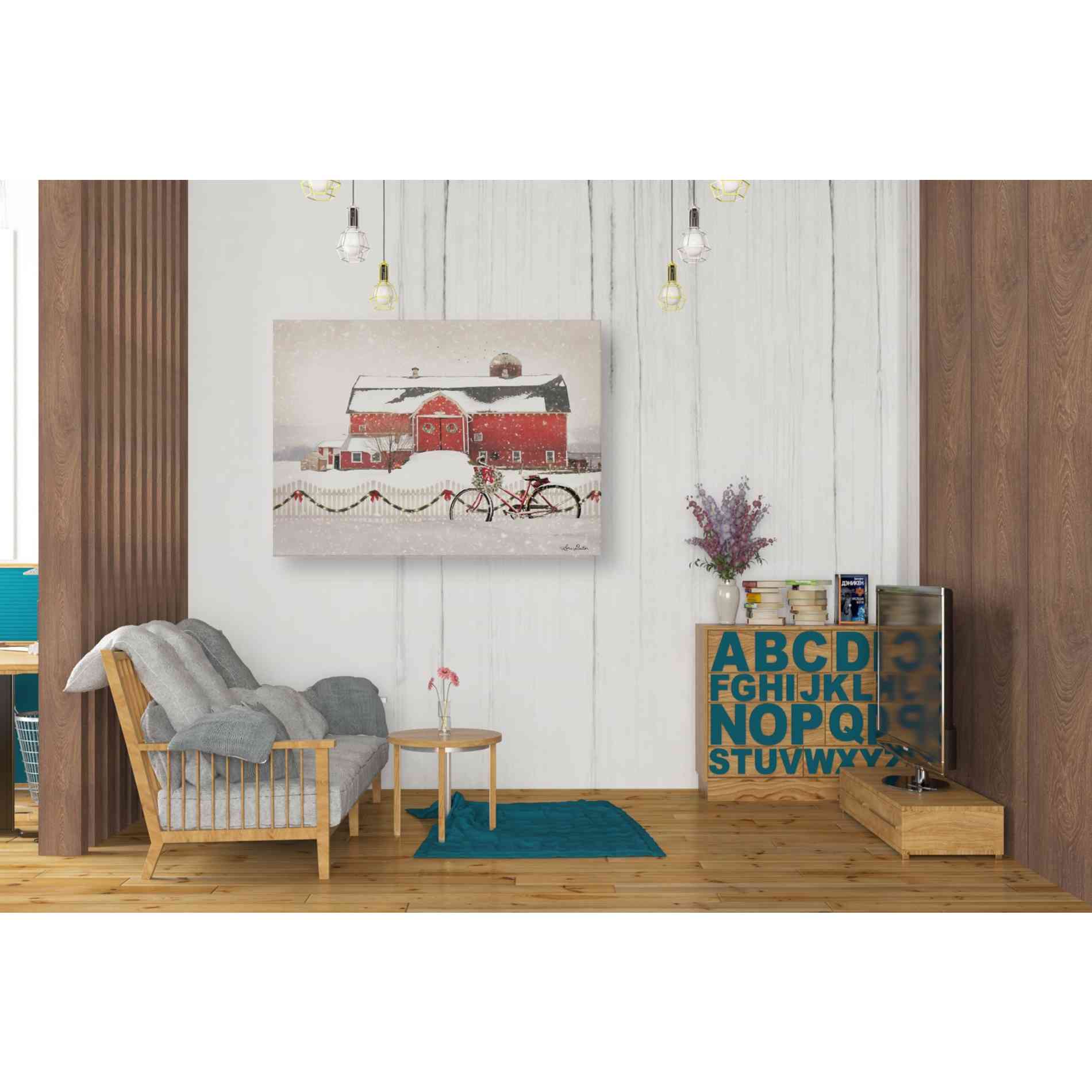 'Christmas Barn and Bike' by Lori Deiter, Canvas Wall Art,34 x 26